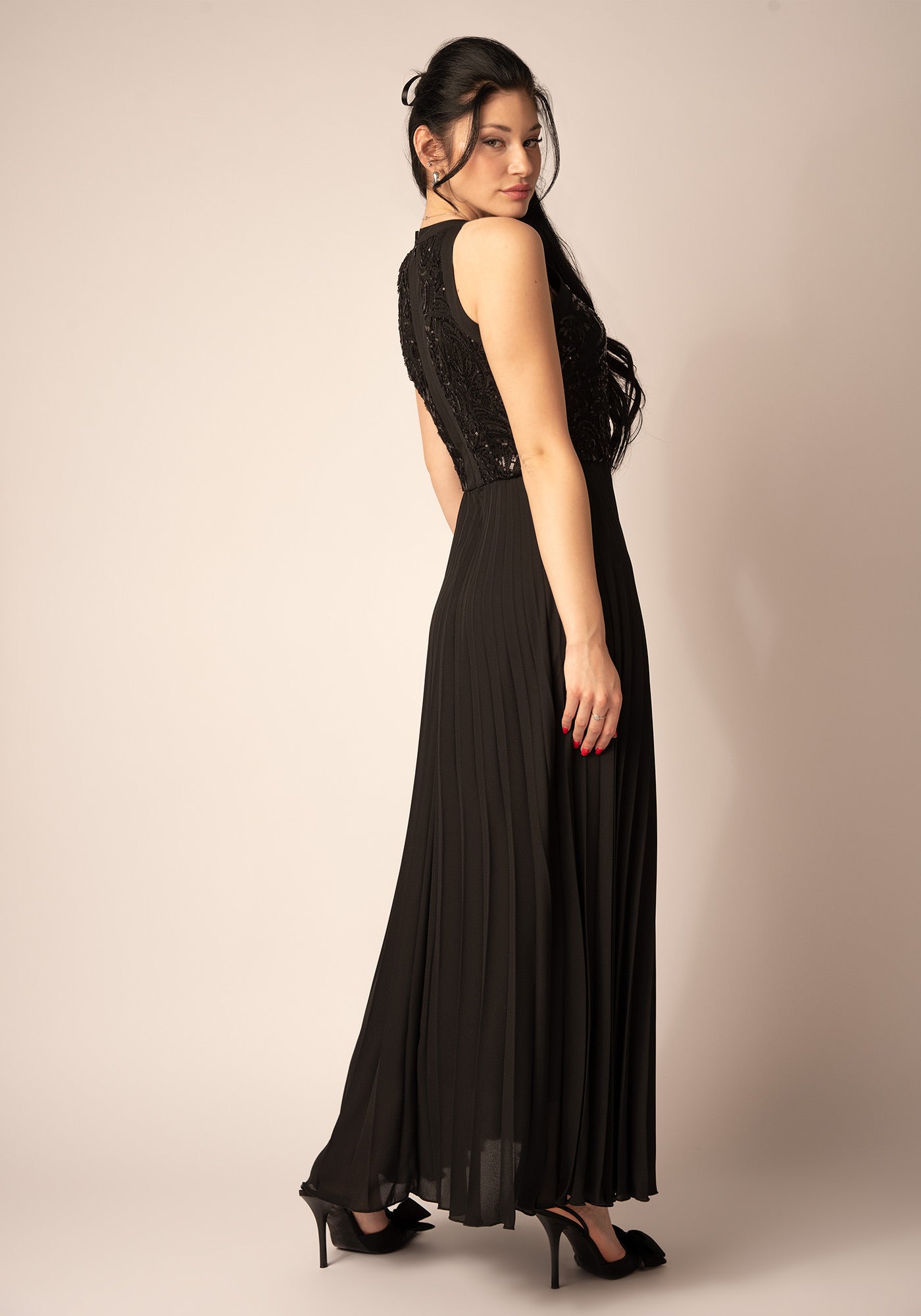 Chiffon Gown with Sequin Top & Soleil Pleats in Black