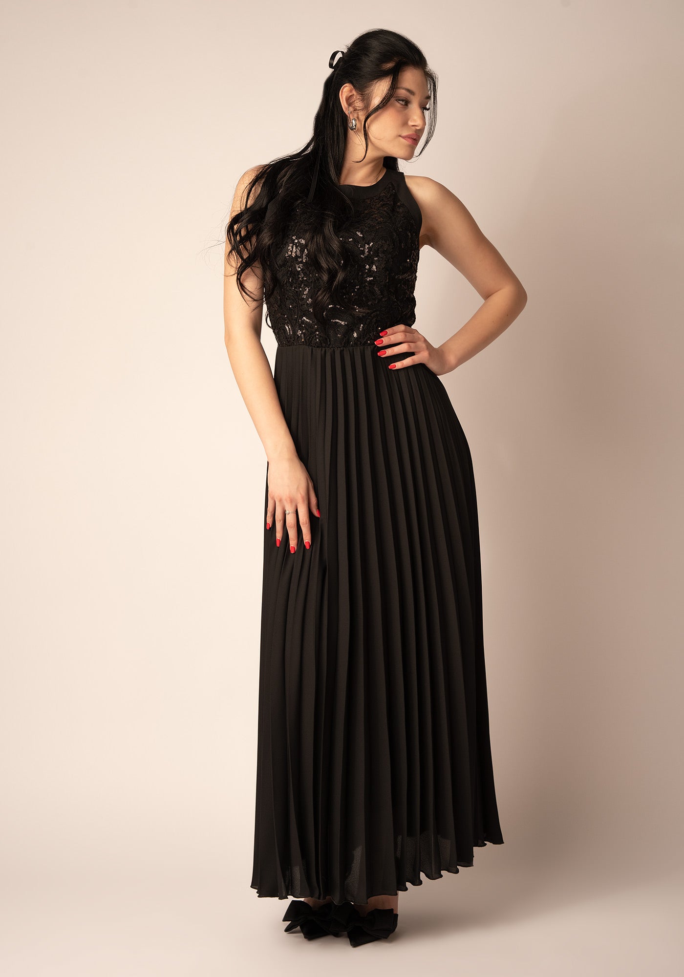 Chiffon Gown with Sequin Top & Soleil Pleats in Black