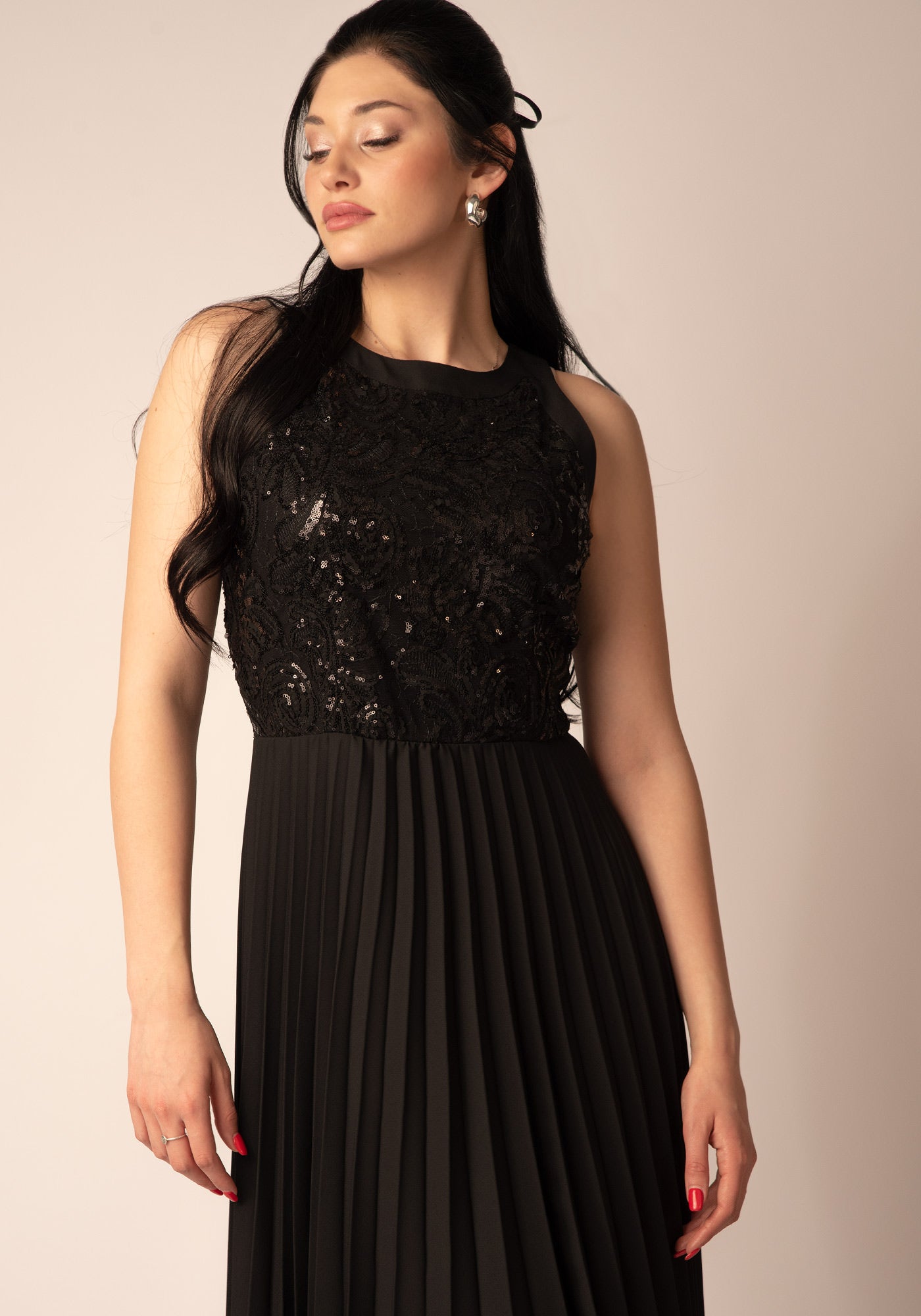 Chiffon Gown with Sequin Top & Soleil Pleats in Black