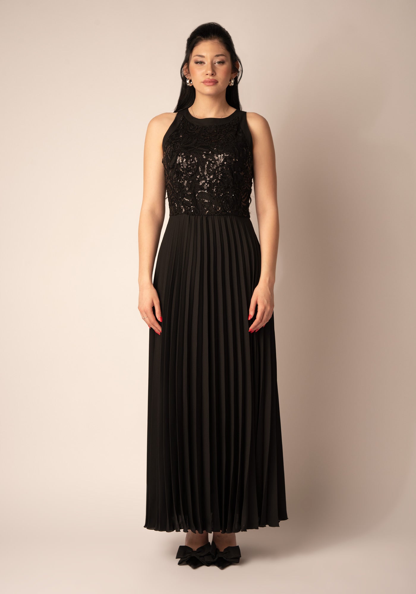 Chiffon Gown with Sequin Top & Soleil Pleats in Black