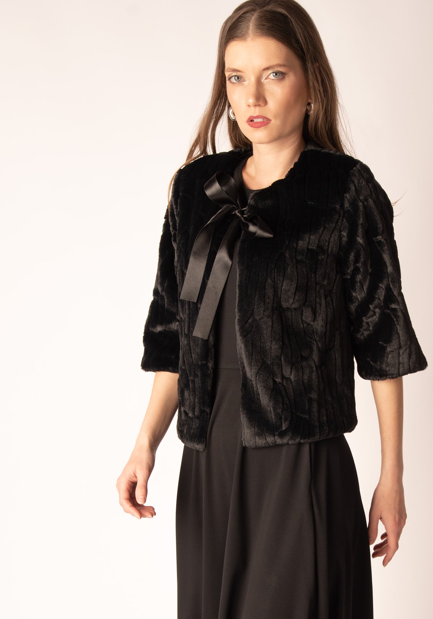 Cropped Faux Fur Coat in Black