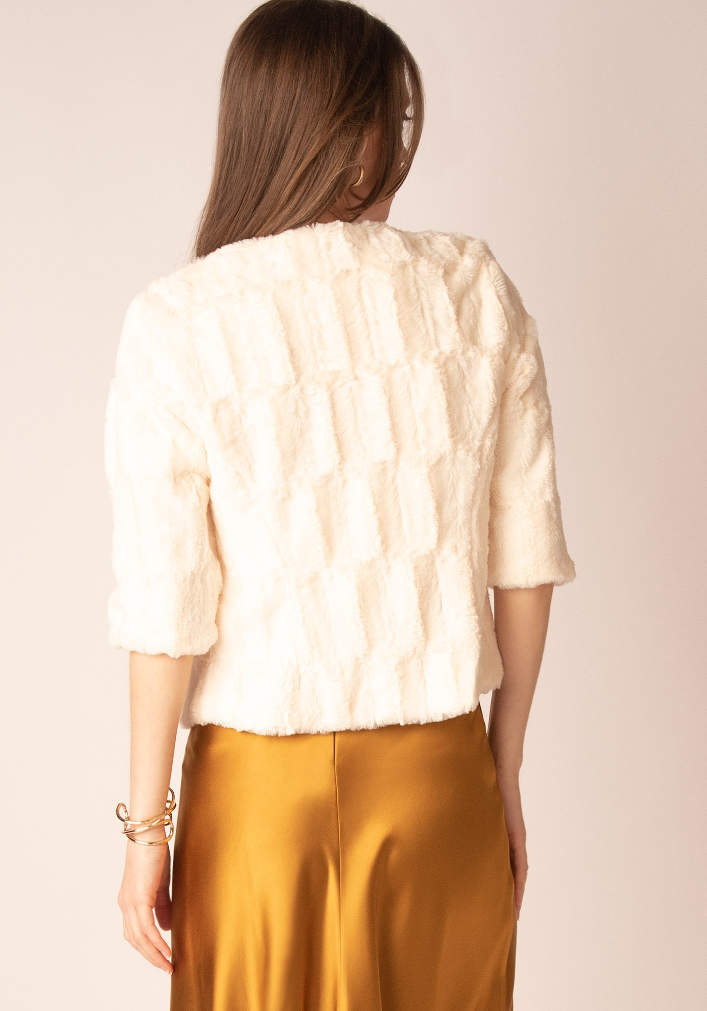 Cropped Faux Fur Coat in Ecru