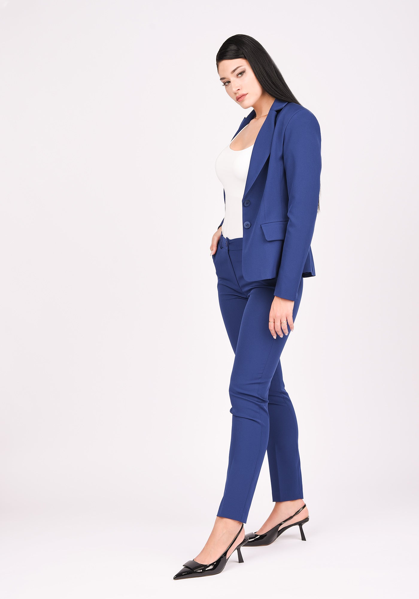 Women's High Waisted Slim Leg Trousers in Blue