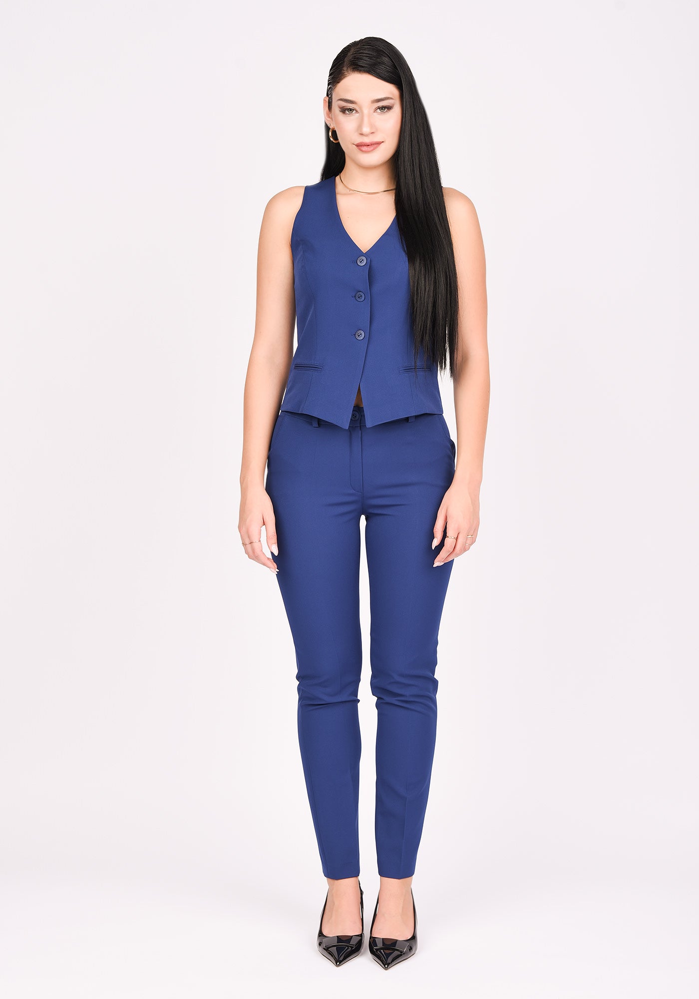 Women's High Waisted Slim Leg Trousers in Blue