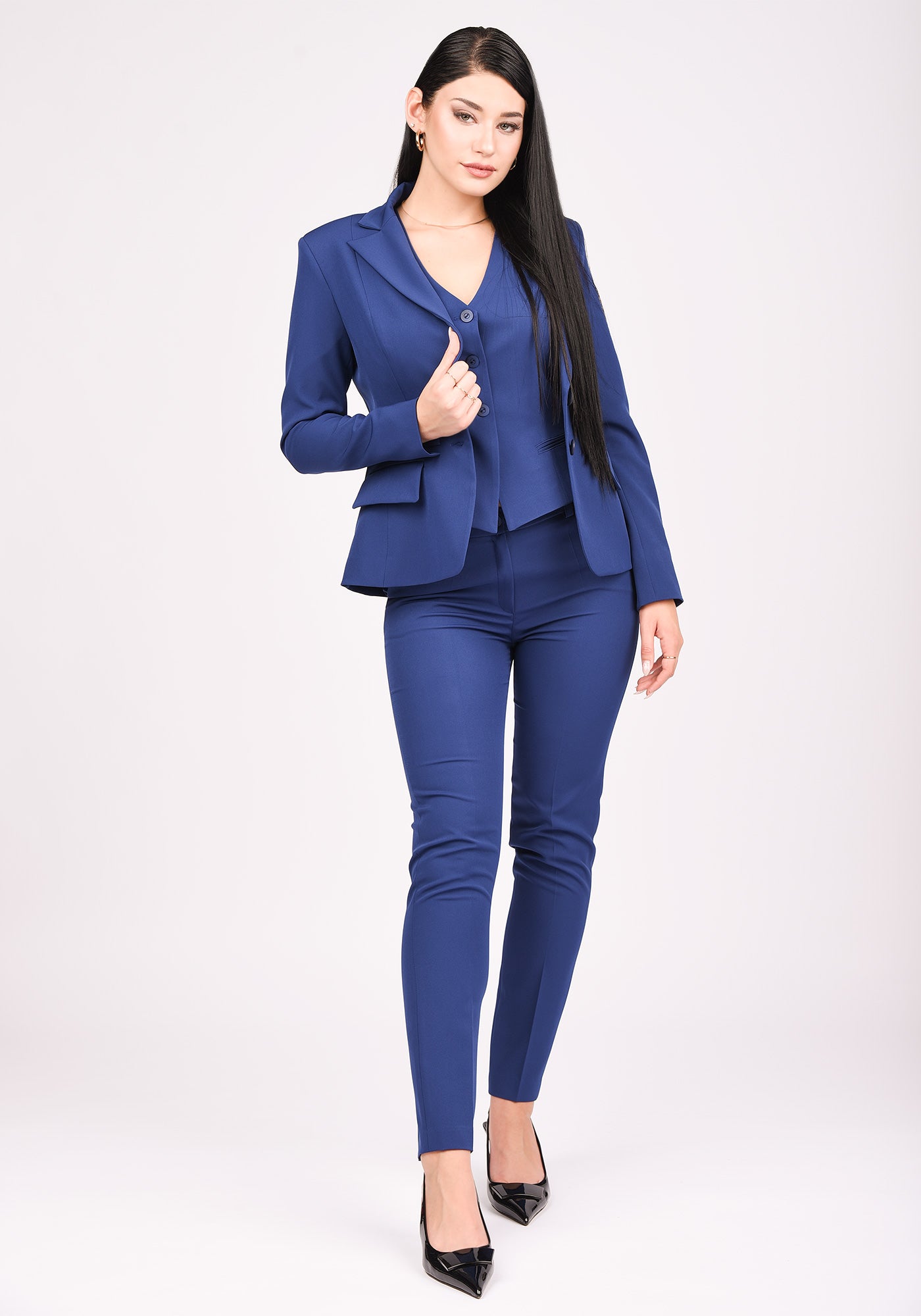 Women's High Waisted Slim Leg Trousers in Blue