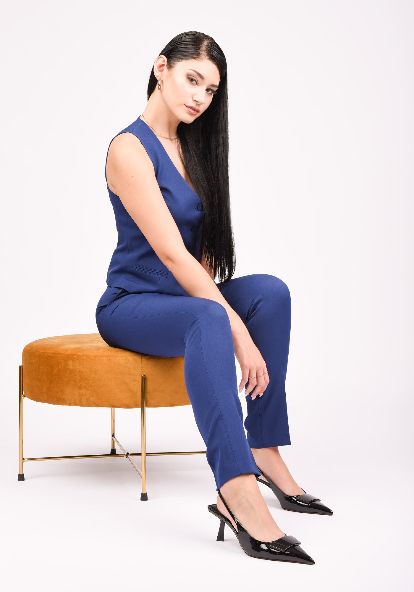 Women's High Waisted Slim Leg Trousers in Blue