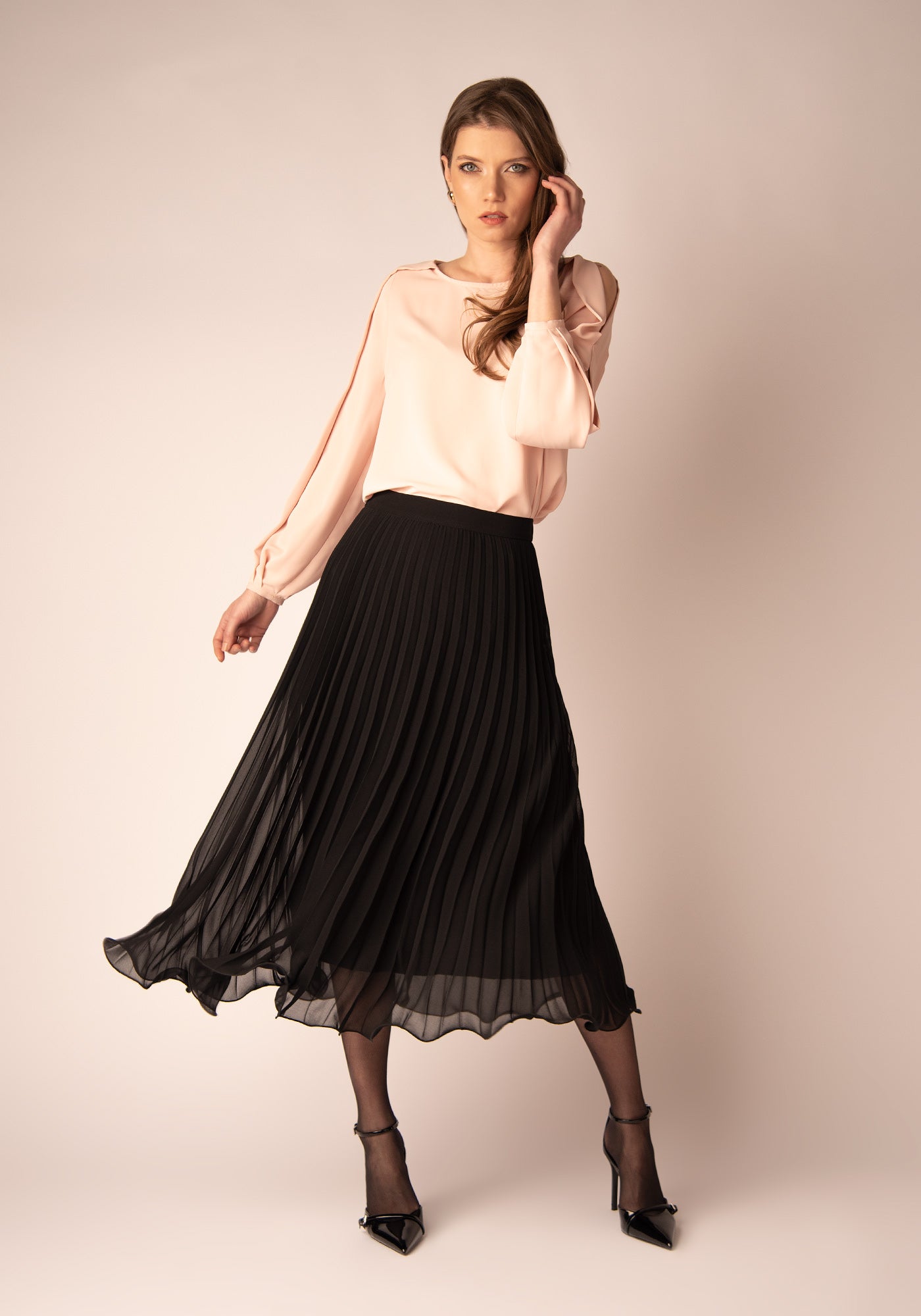 High Waisted Midi Skirt with Soleil pleats in Black