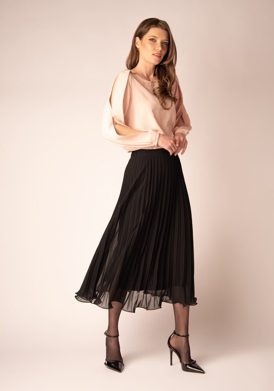 High Waisted Midi Skirt with Soleil pleats in Black