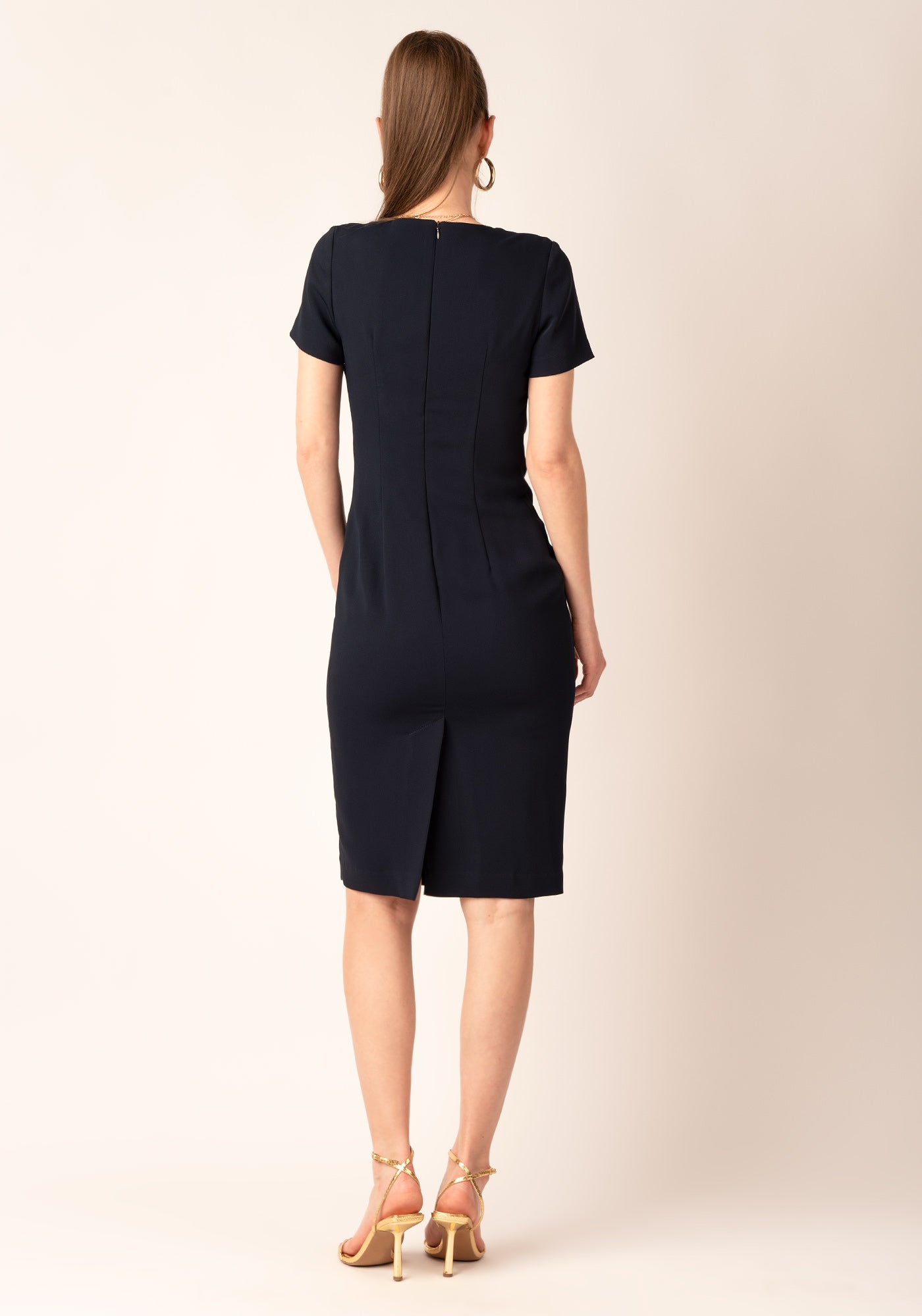 Elegant Draped Front Midi Occasion Dress in Navy