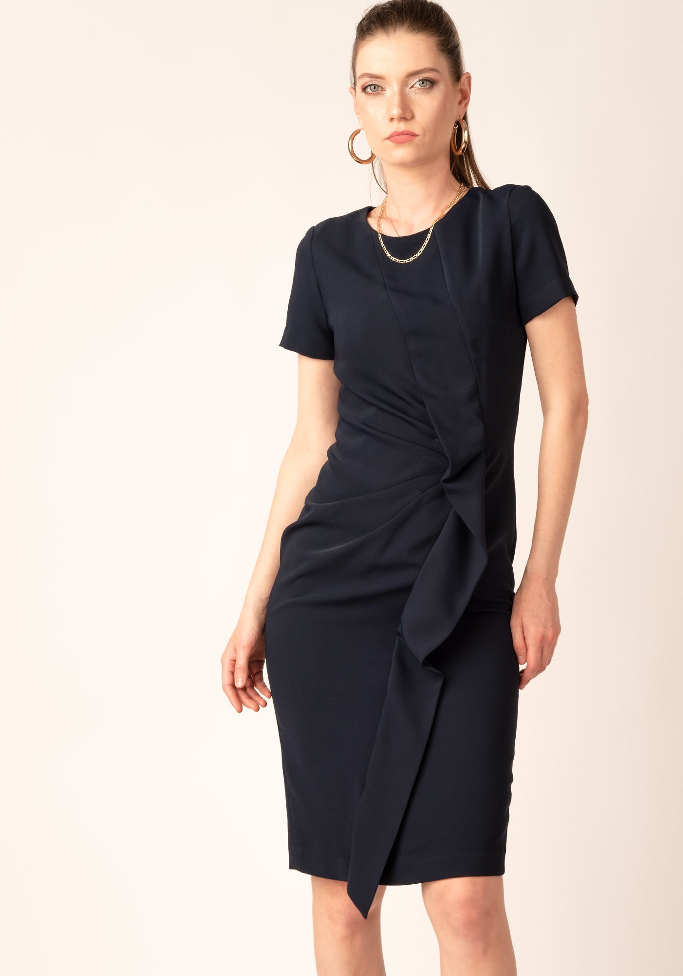 Elegant Draped Front Midi Occasion Dress in Navy