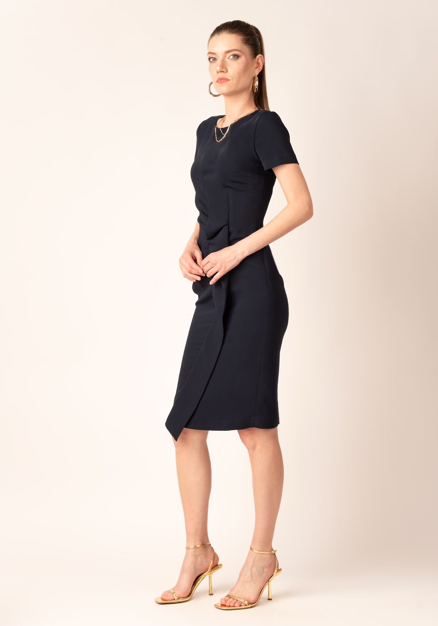 Elegant Draped Front Midi Occasion Dress in Navy