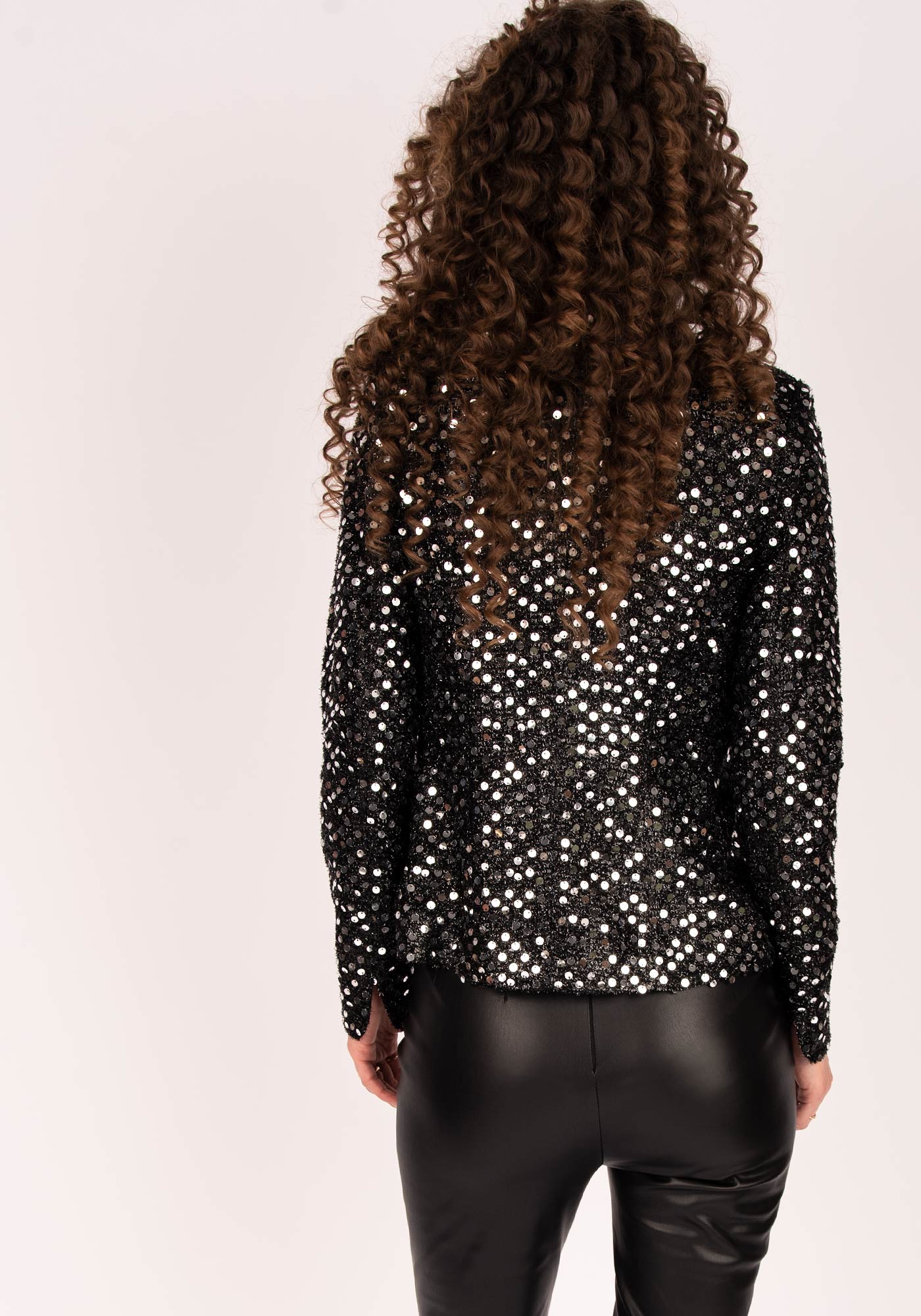 Вталено Дамско Сако от Черни Пайети със Сребрист Блясък