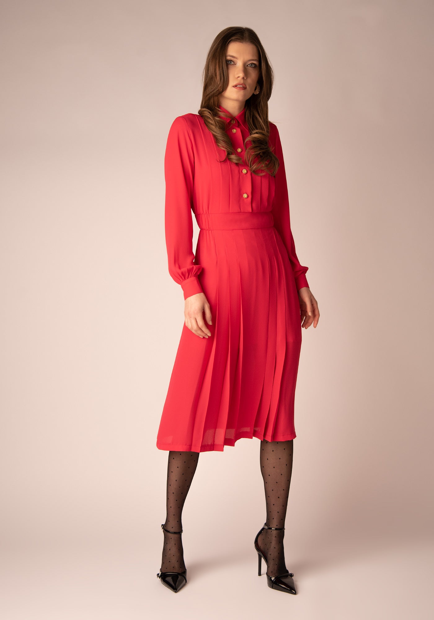 Midi Dress with Block pleats in Magenta pink