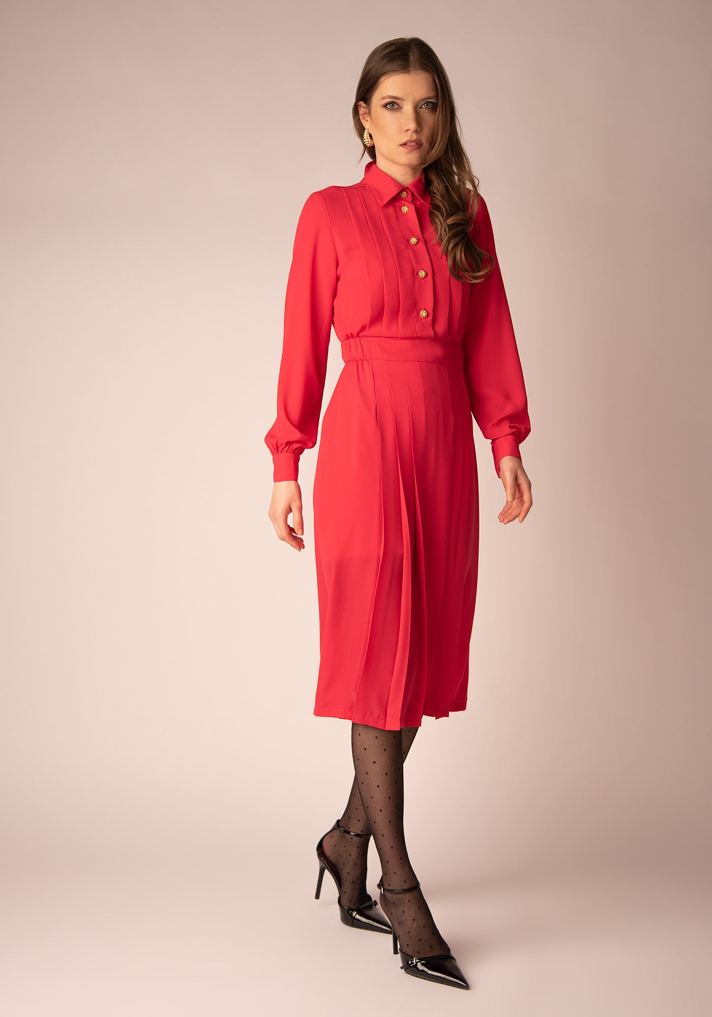 Midi Dress with Block pleats in Magenta pink