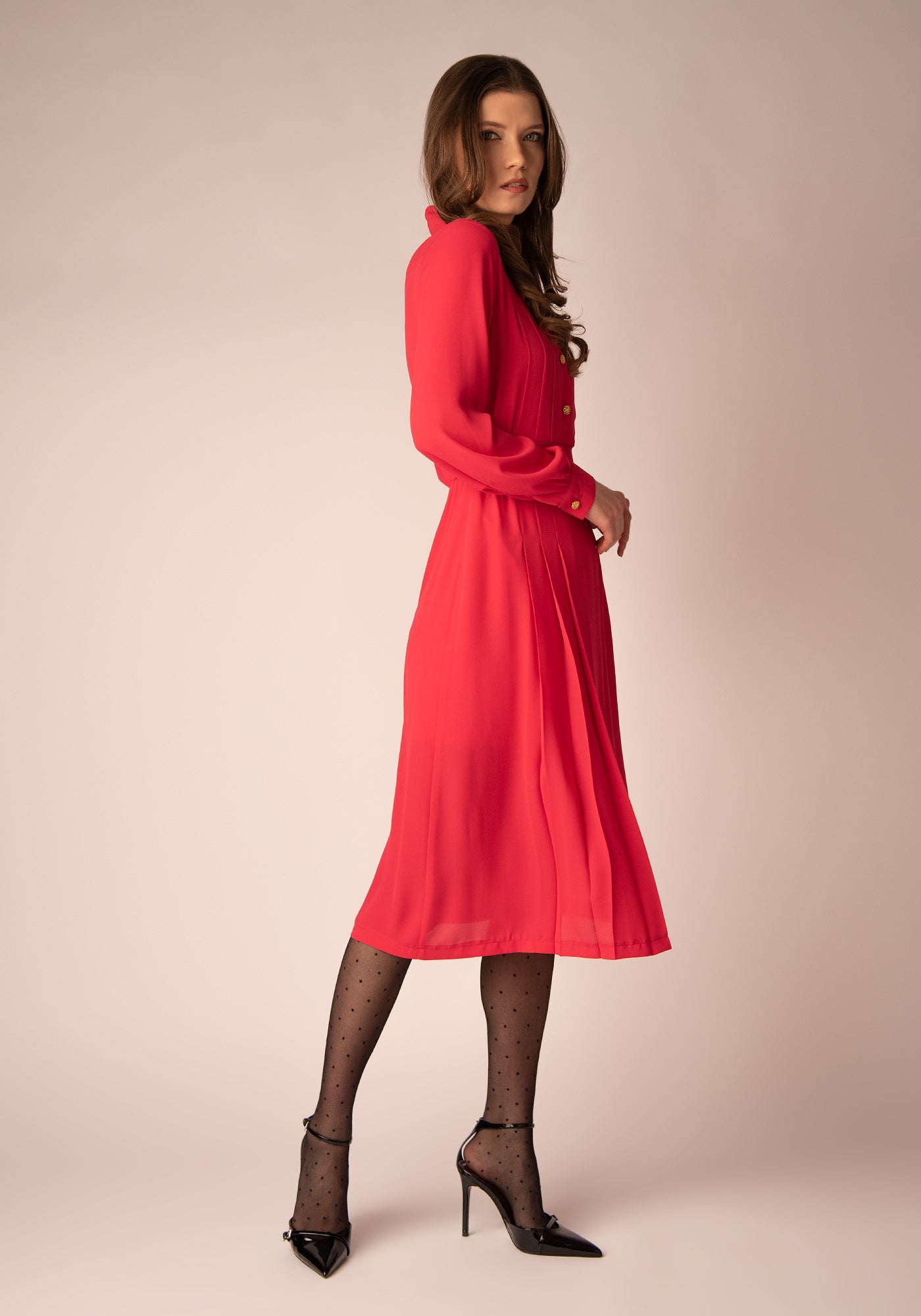 Midi Dress with Block pleats in Magenta pink