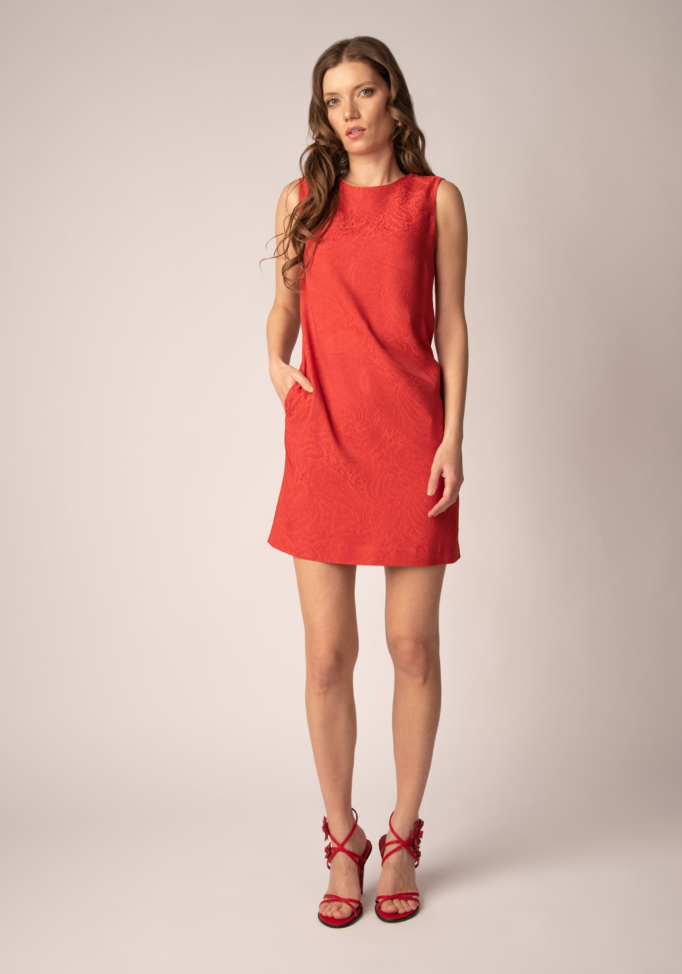 A-Line Mini Dress in Red Jacquard
