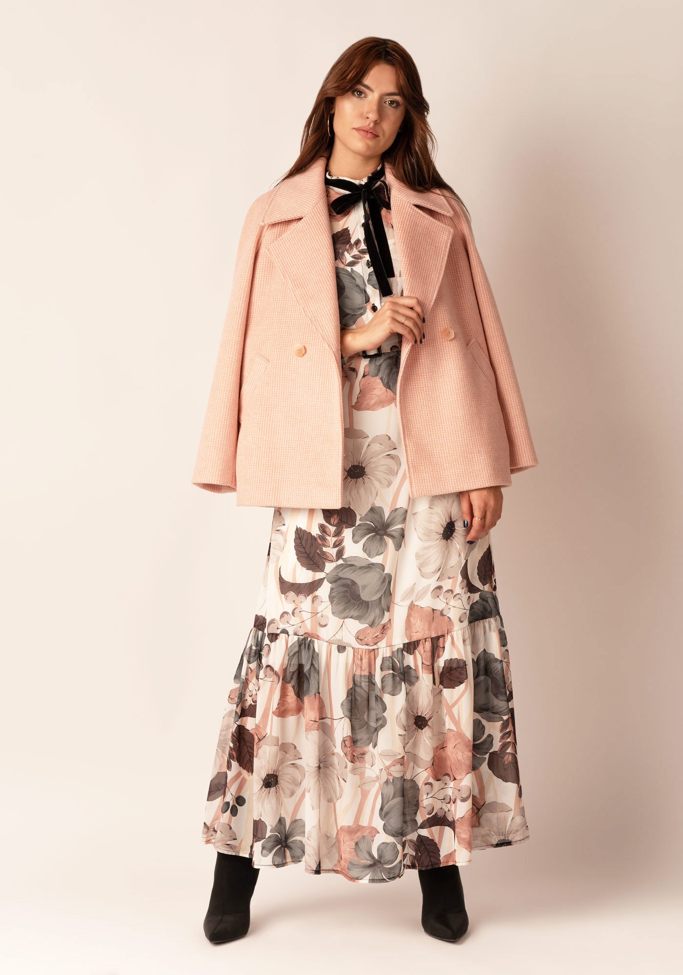 Women's Oversized Cashmere blend Coat in Pink houndstooth