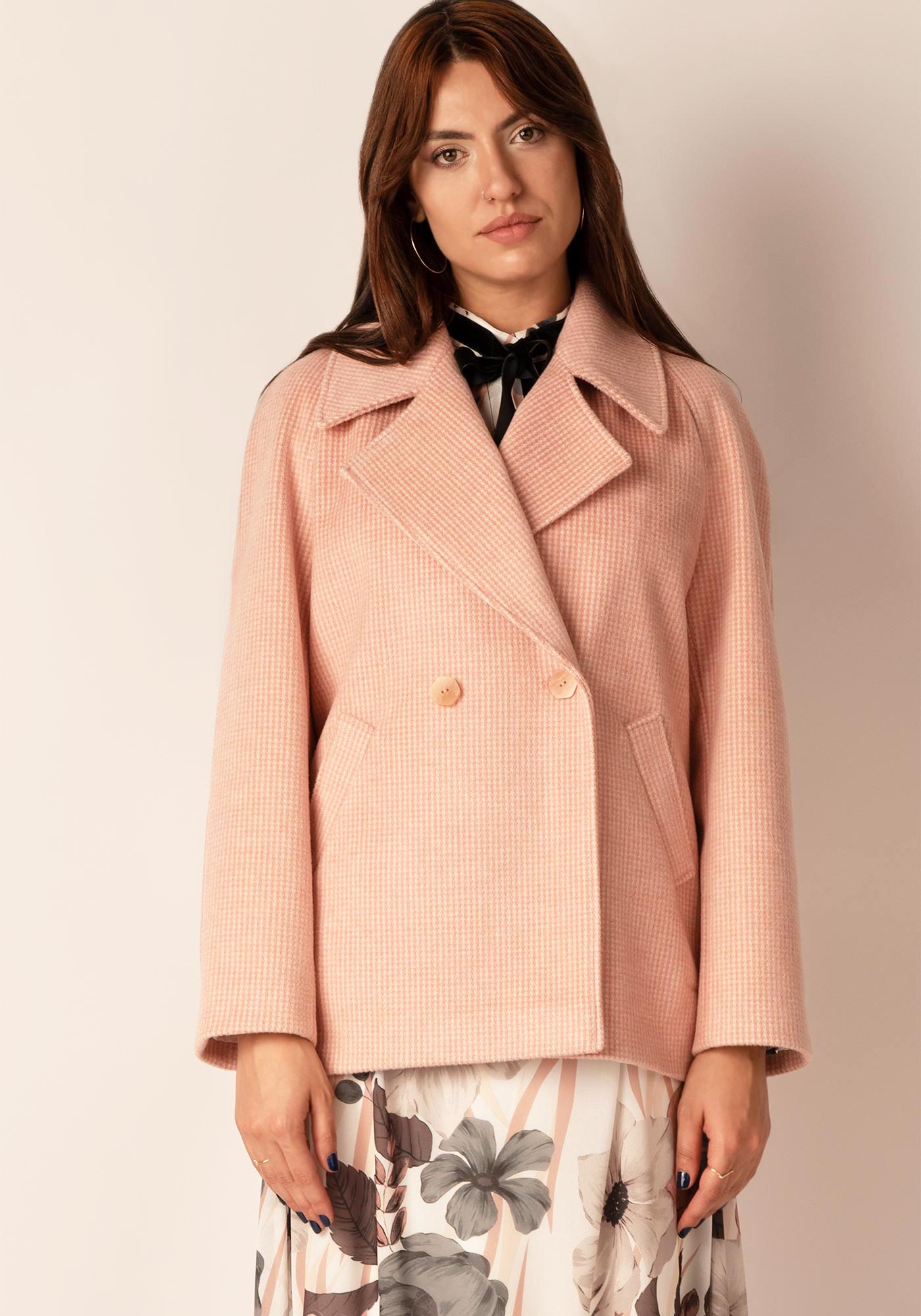 Women's Oversized Cashmere blend Coat in Pink houndstooth