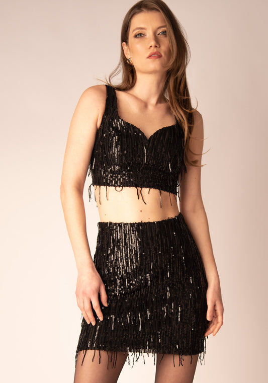 Sweetheart Bustier Top in Black Sequin Fringe