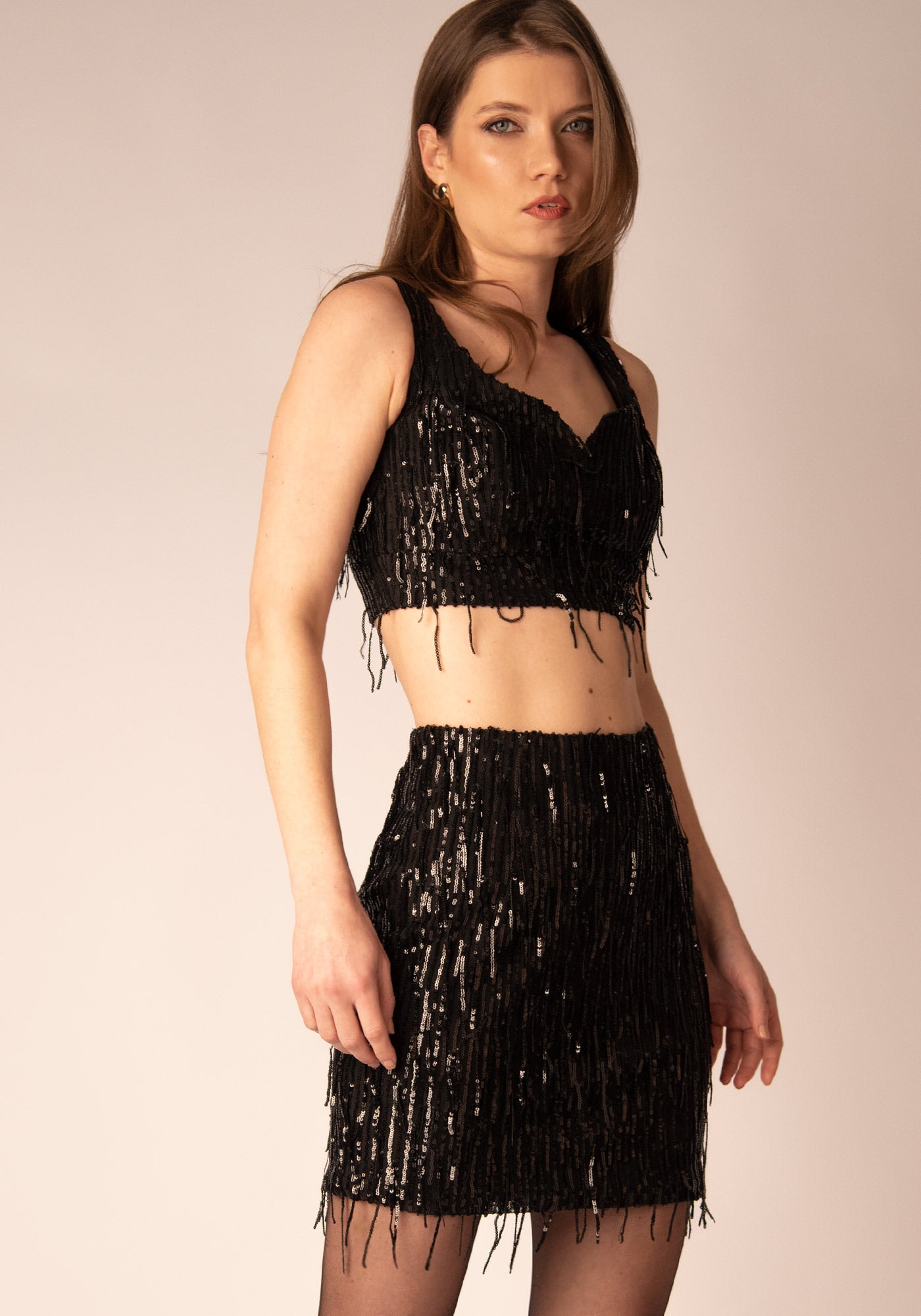 Sweetheart Bustier Top in Black Sequin Fringe