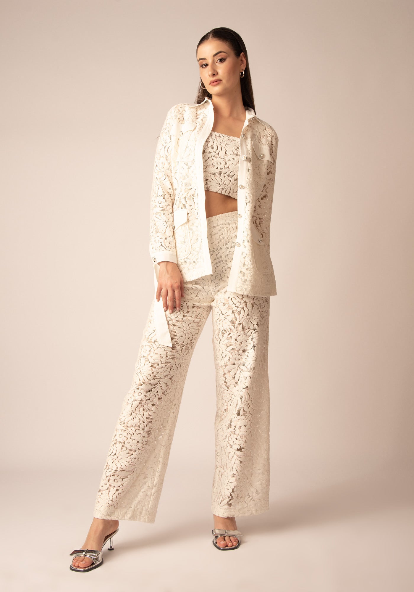 Women's High Waisted Lace Pant in Ecru