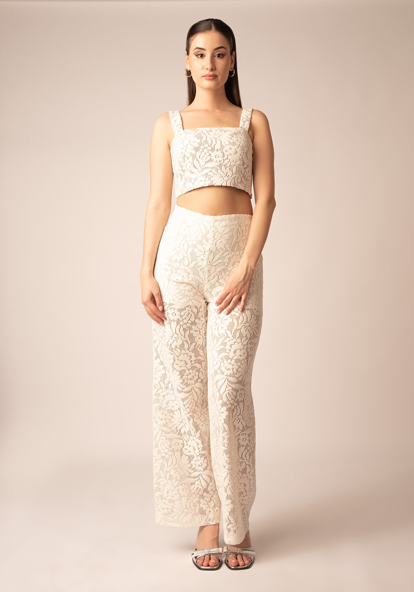 Women's High Waisted Lace Pant in Ecru
