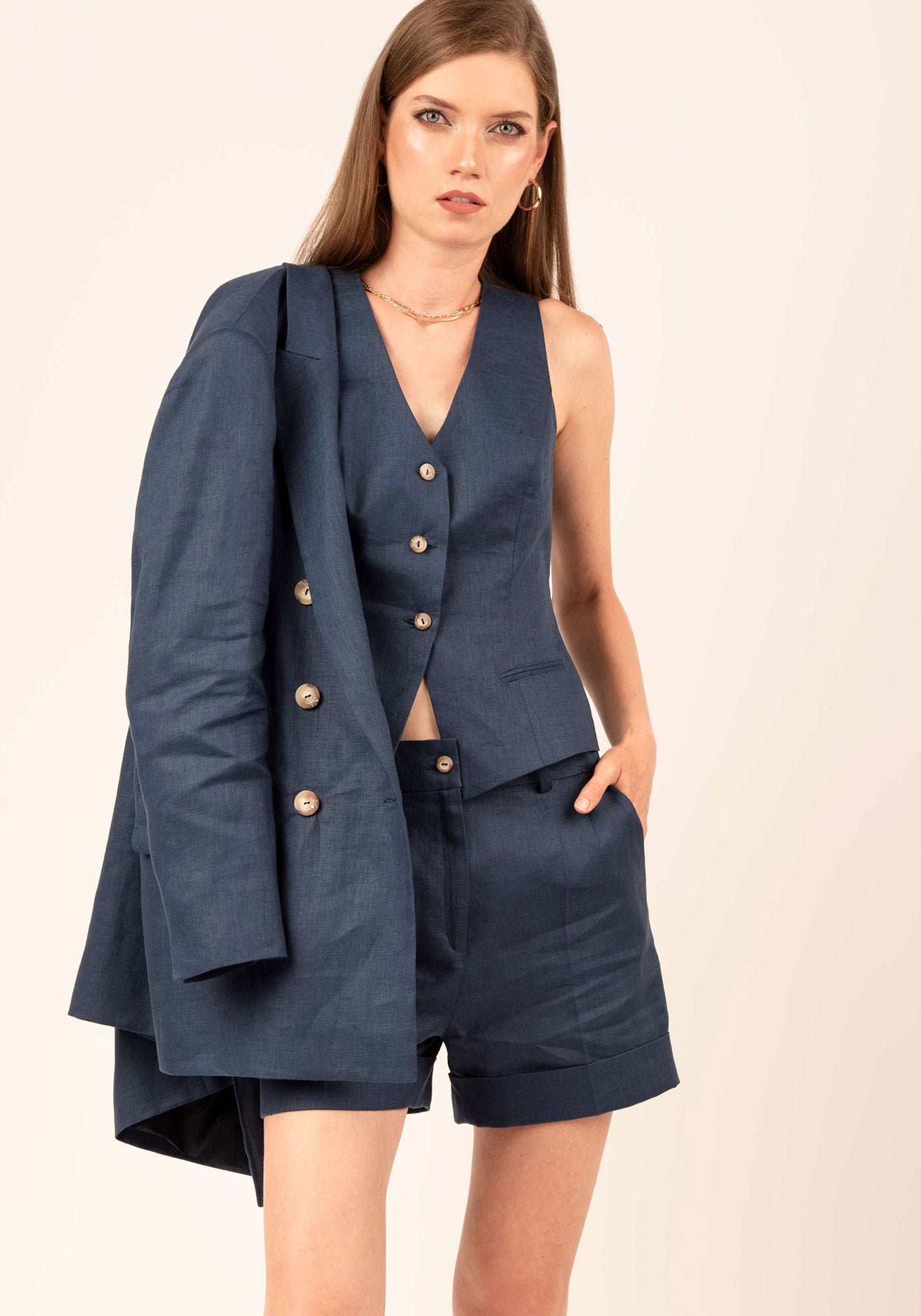 Oversized Women's Double breasted Linen Blazer in Navy