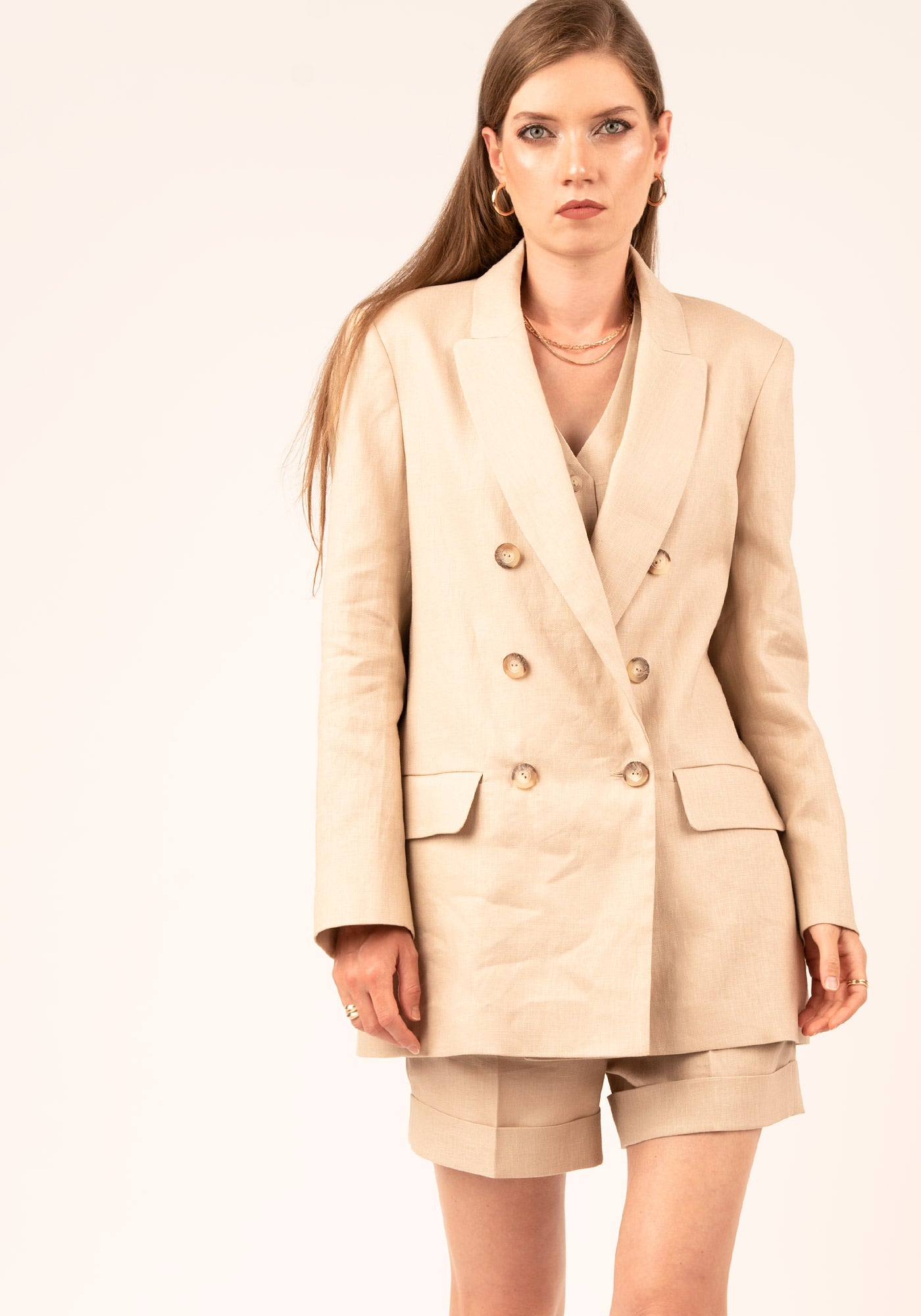 Oversized Women's Double breasted Linen Blazer in Beige