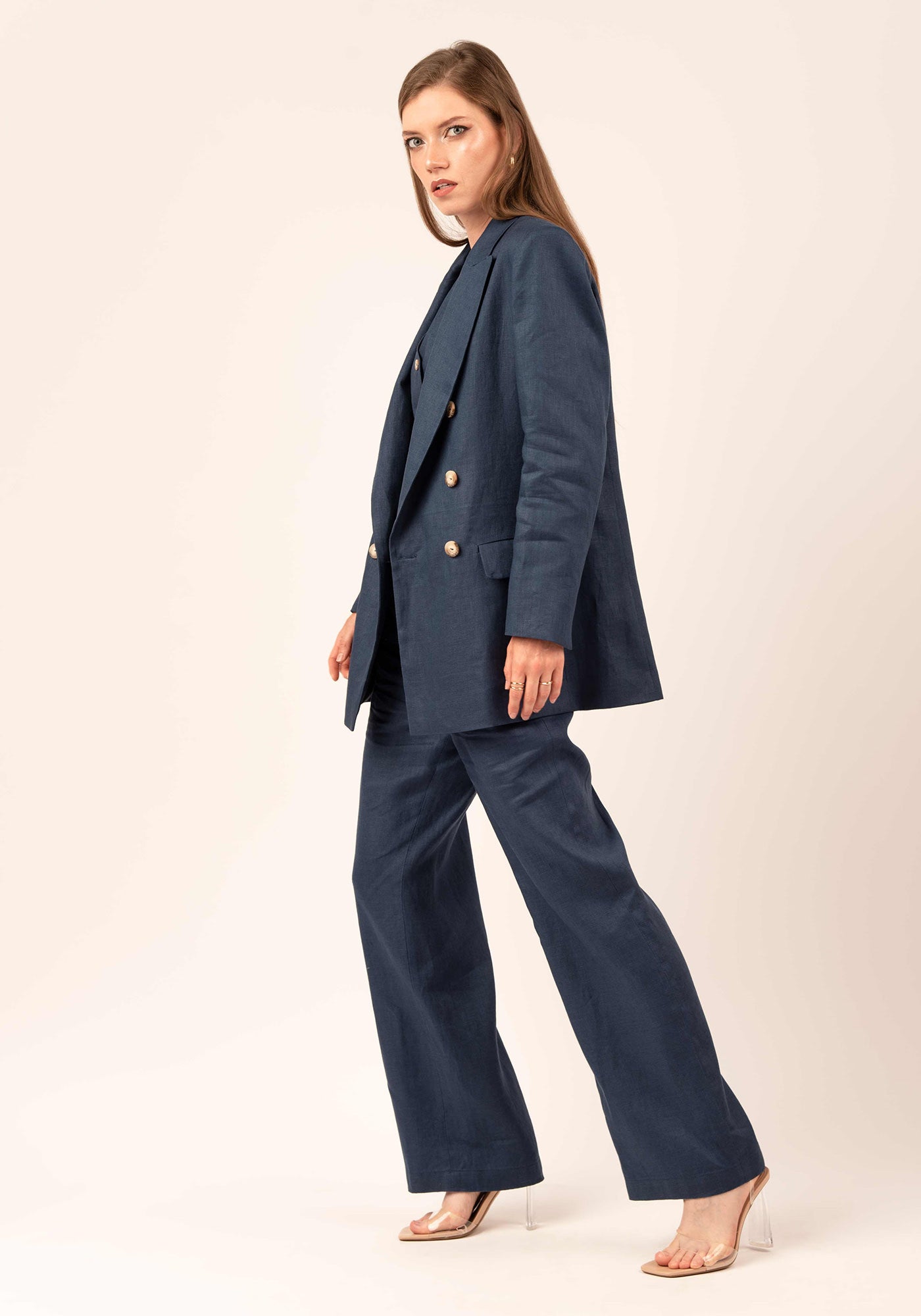 Oversized Women's Double breasted Linen Blazer in Navy