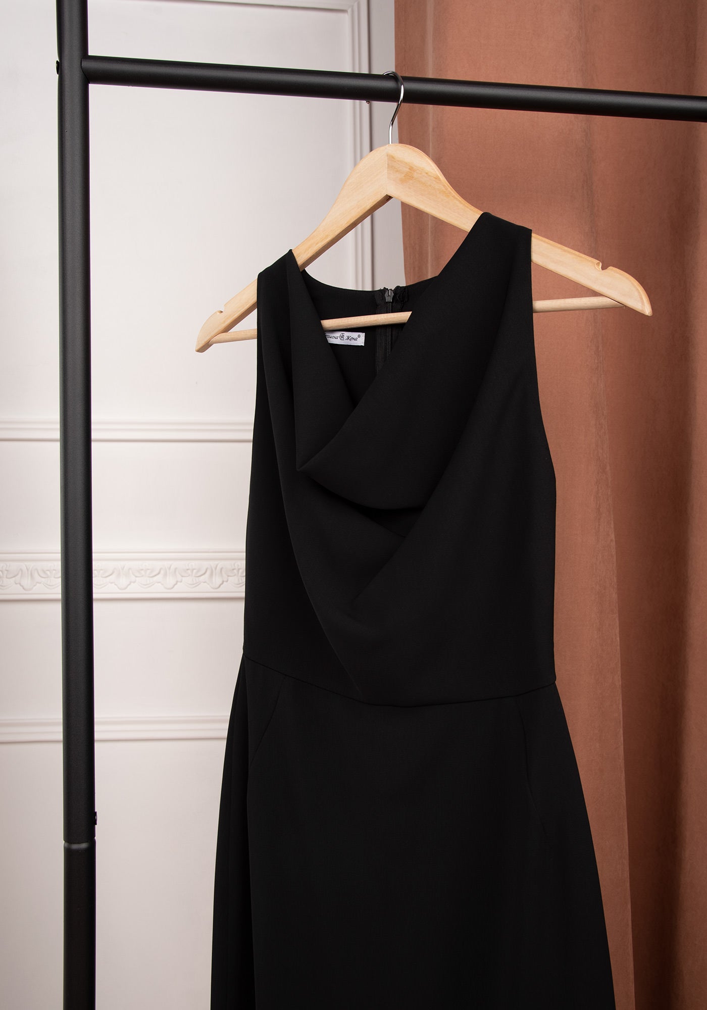 Women's Tailored Cowl Neck Midi Sheath Dress in Black