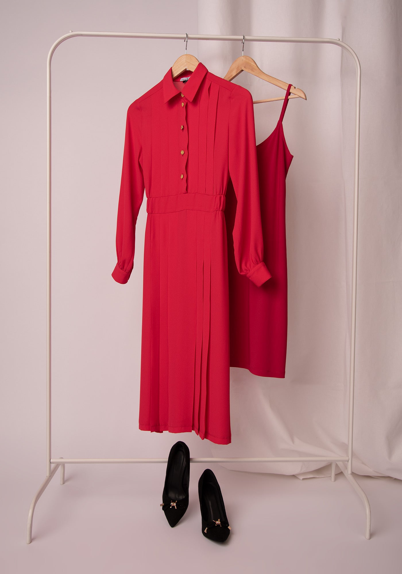 Midi Dress with Block pleats in Magenta pink