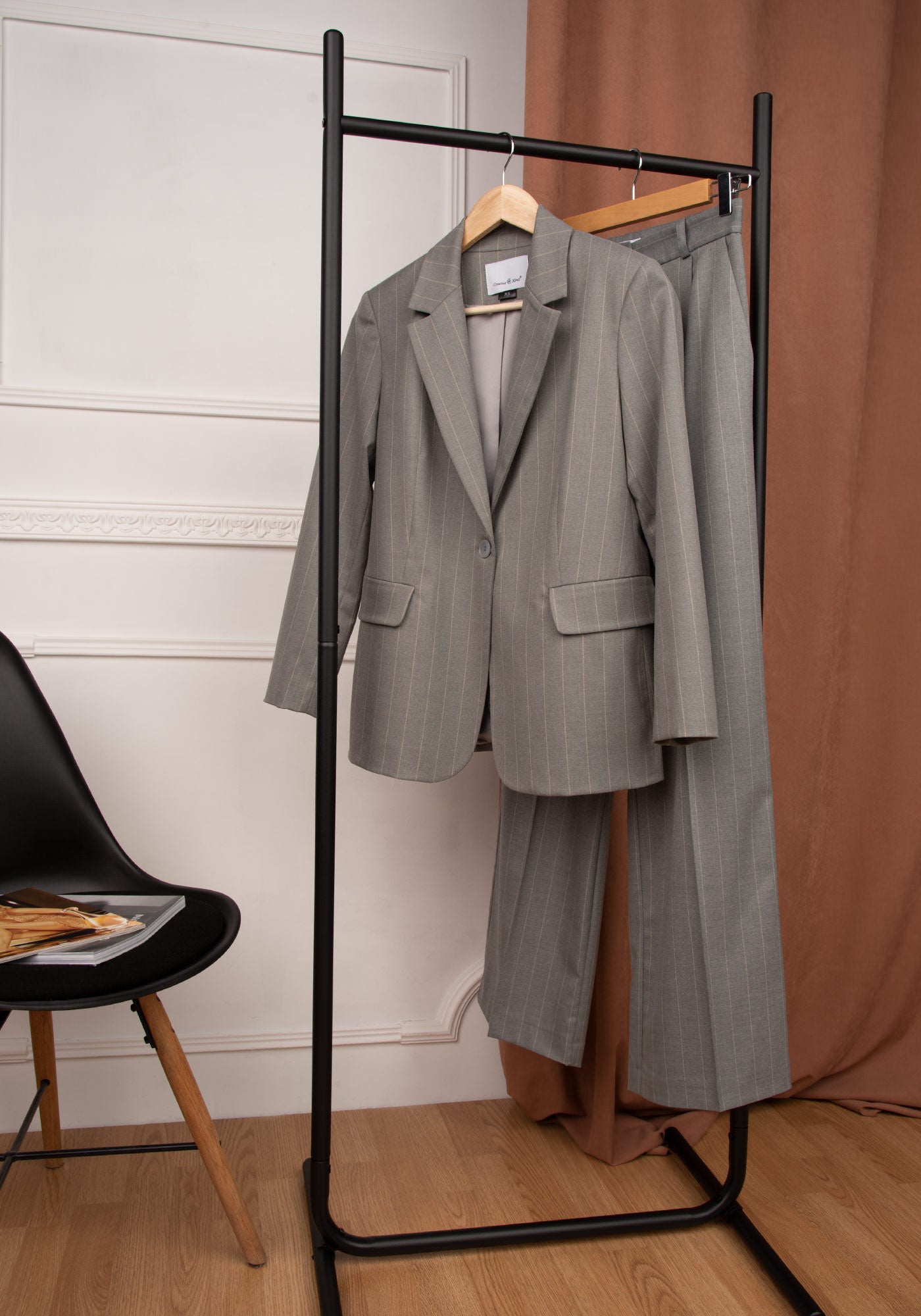 Women's Wide Leg Pleated High Waist Trousers in Pinstripe grey