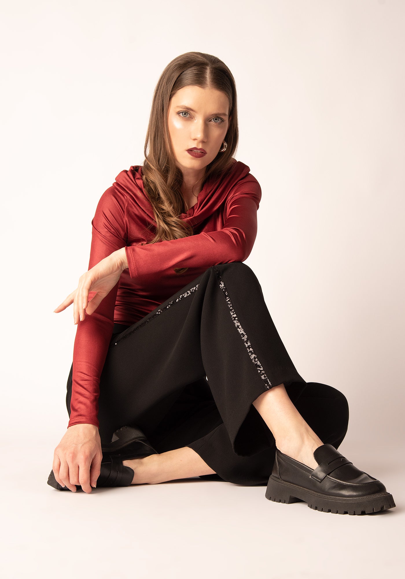 Sequin Panel Straight Leg Trousers in Black