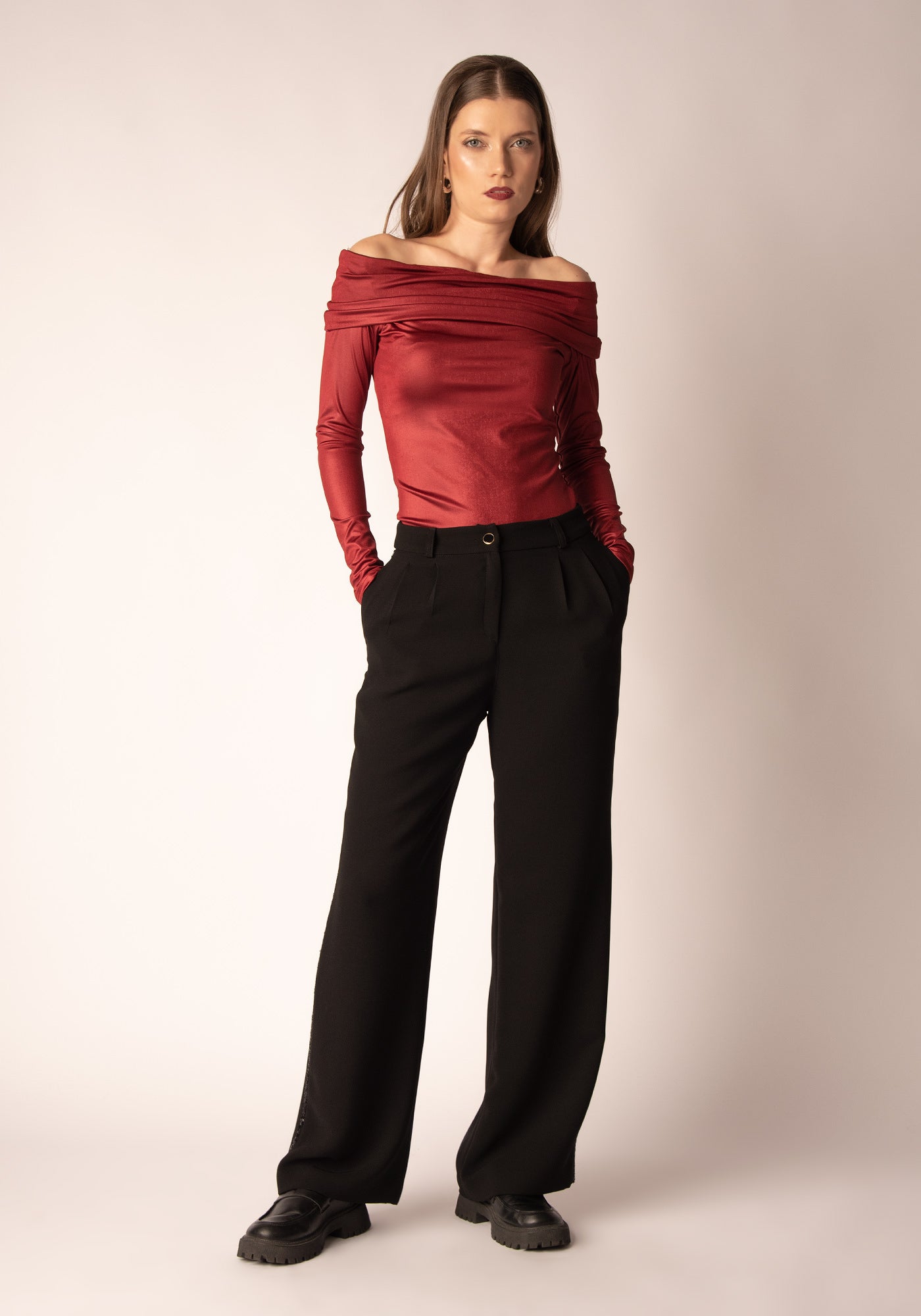 Sequin Panel Straight Leg Trousers in Black