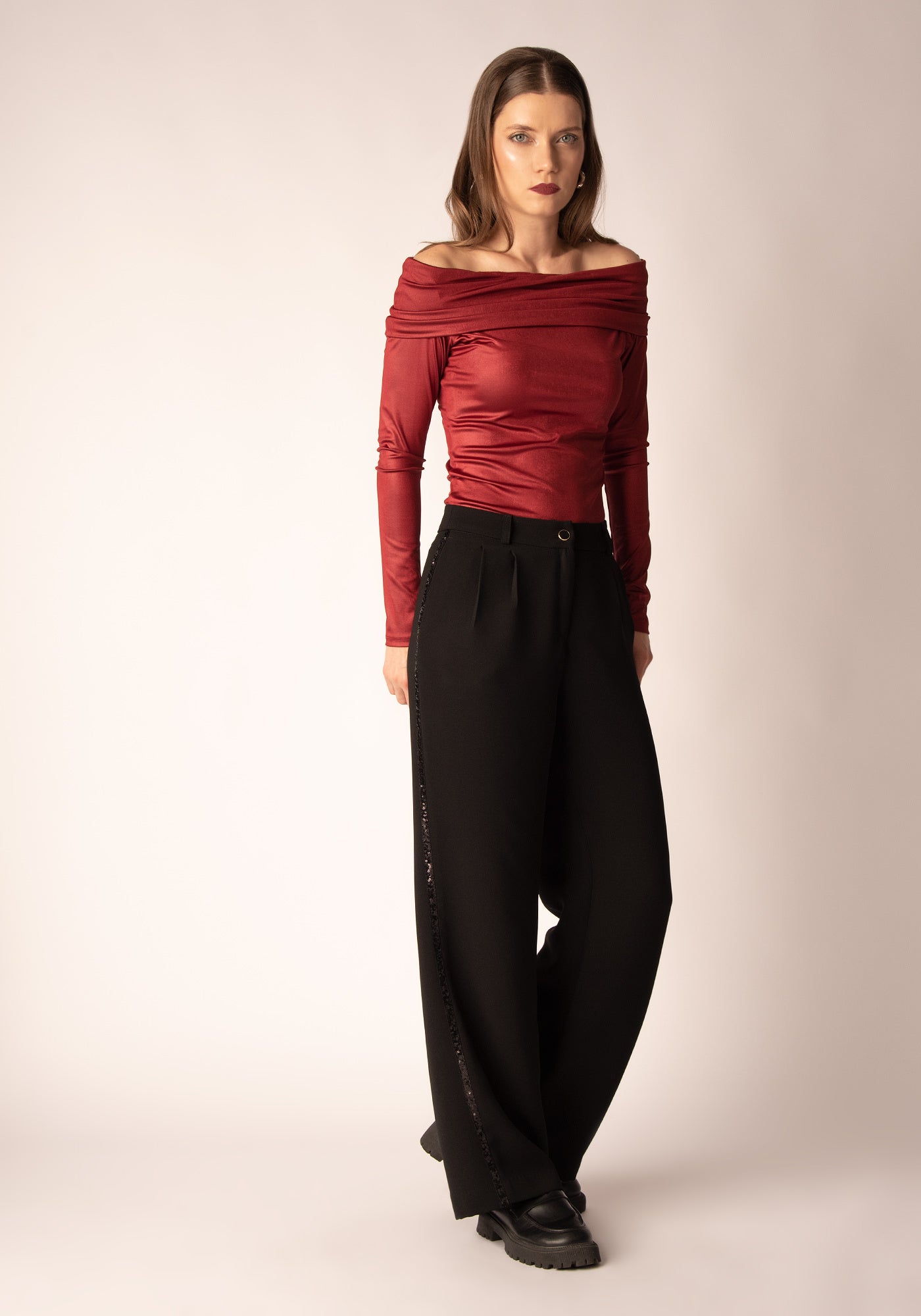 Sequin Panel Straight Leg Trousers in Black