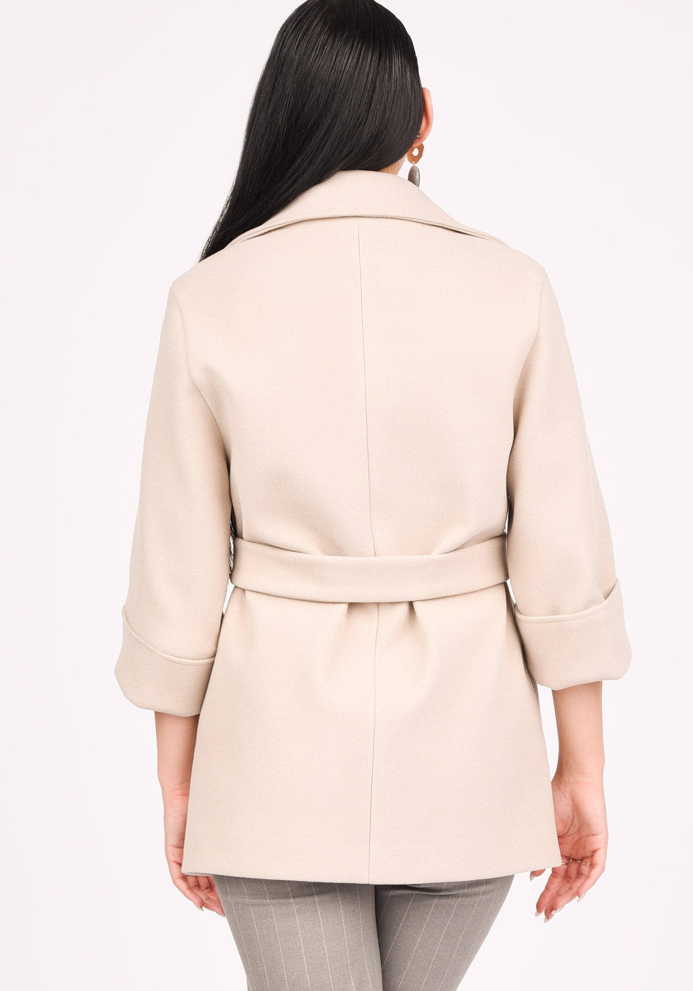 Women's Wool Blend Short Belted Coat in Beige
