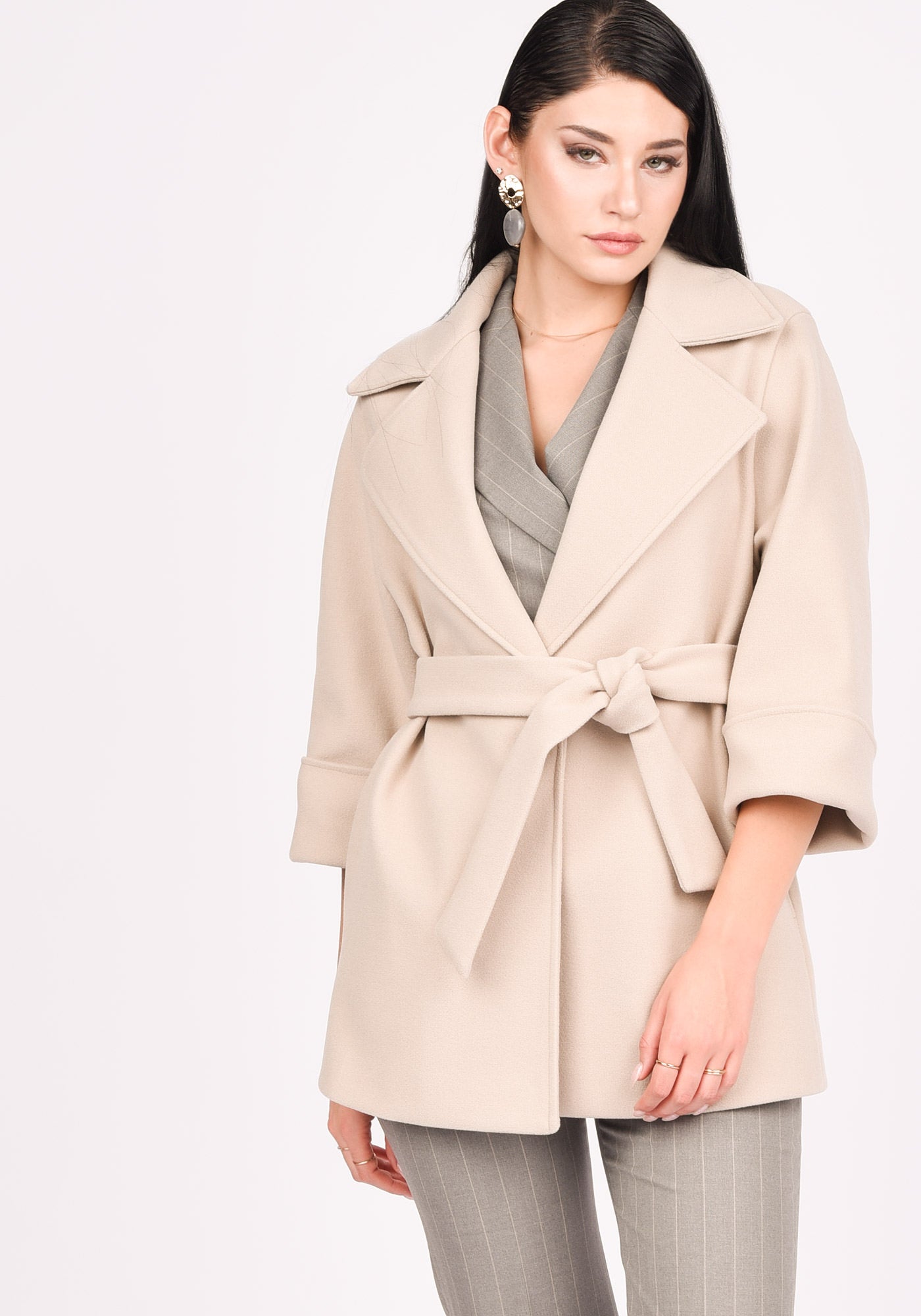 Women's Wool Blend Short Belted Coat in Beige