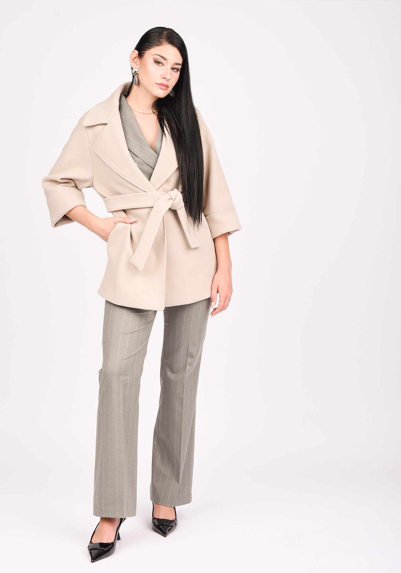 Women's Wool Blend Short Belted Coat in Beige