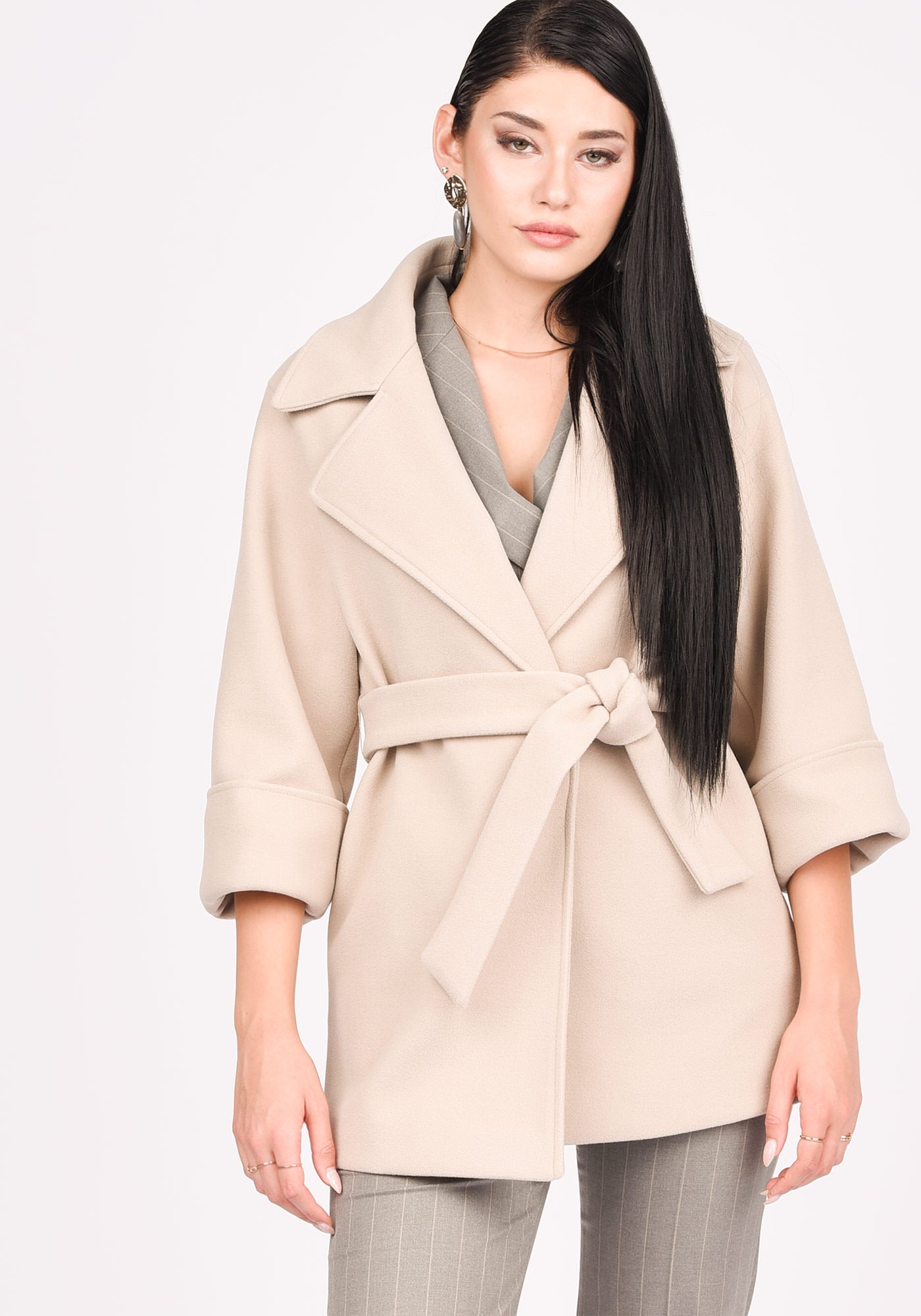Women's Wool Blend Short Belted Coat in Beige