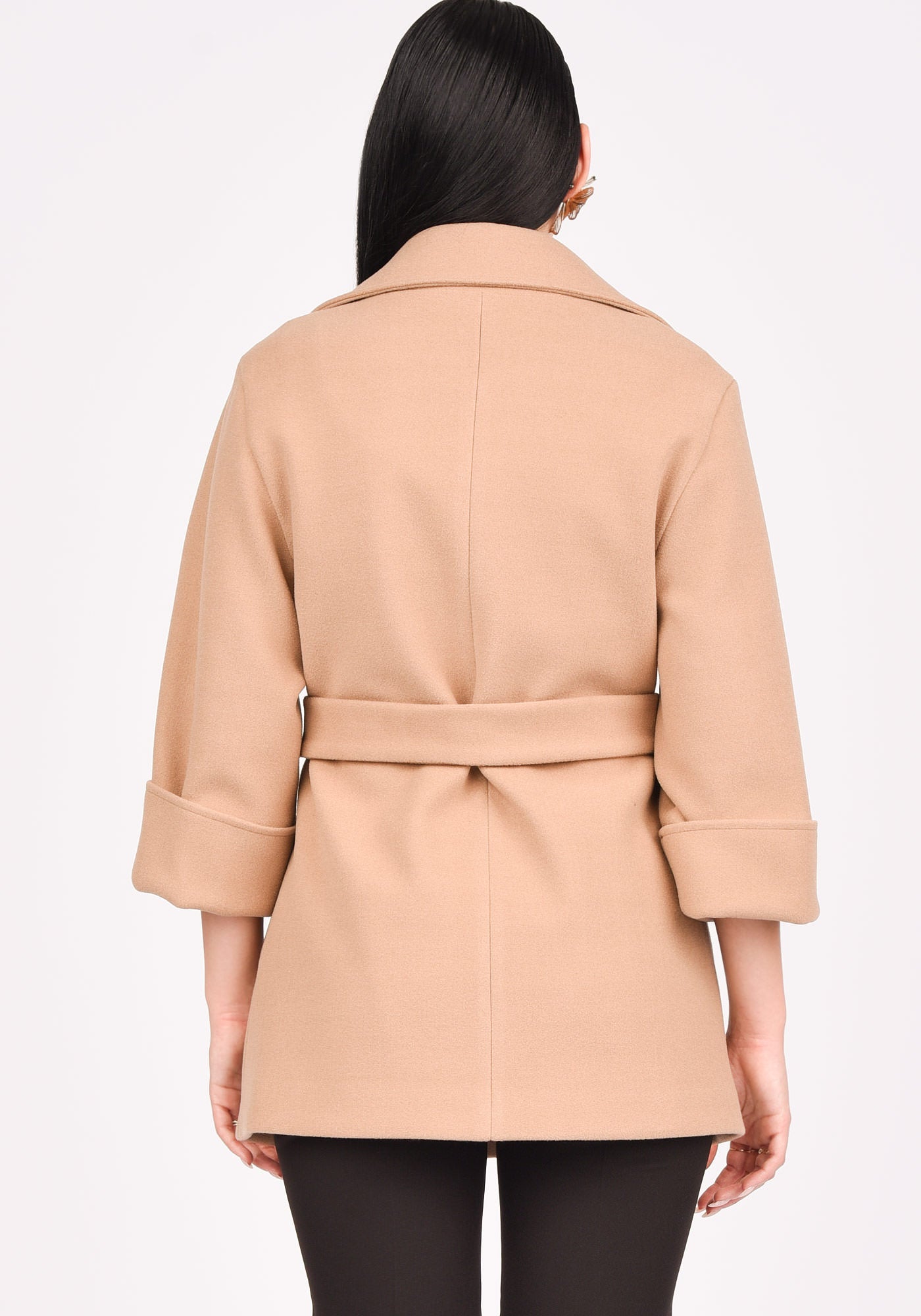 Women's Wool Blend Short Belted Coat in Mocha