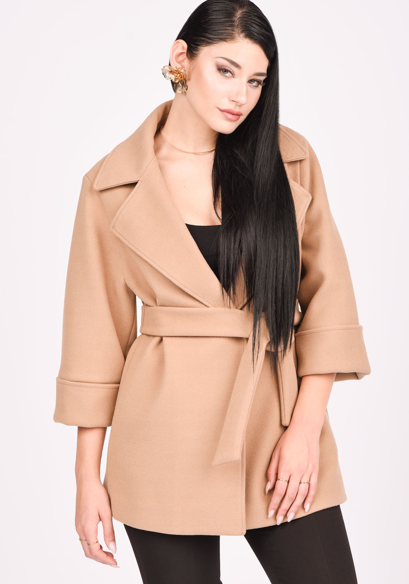 Women's Wool Blend Short Belted Coat in Mocha