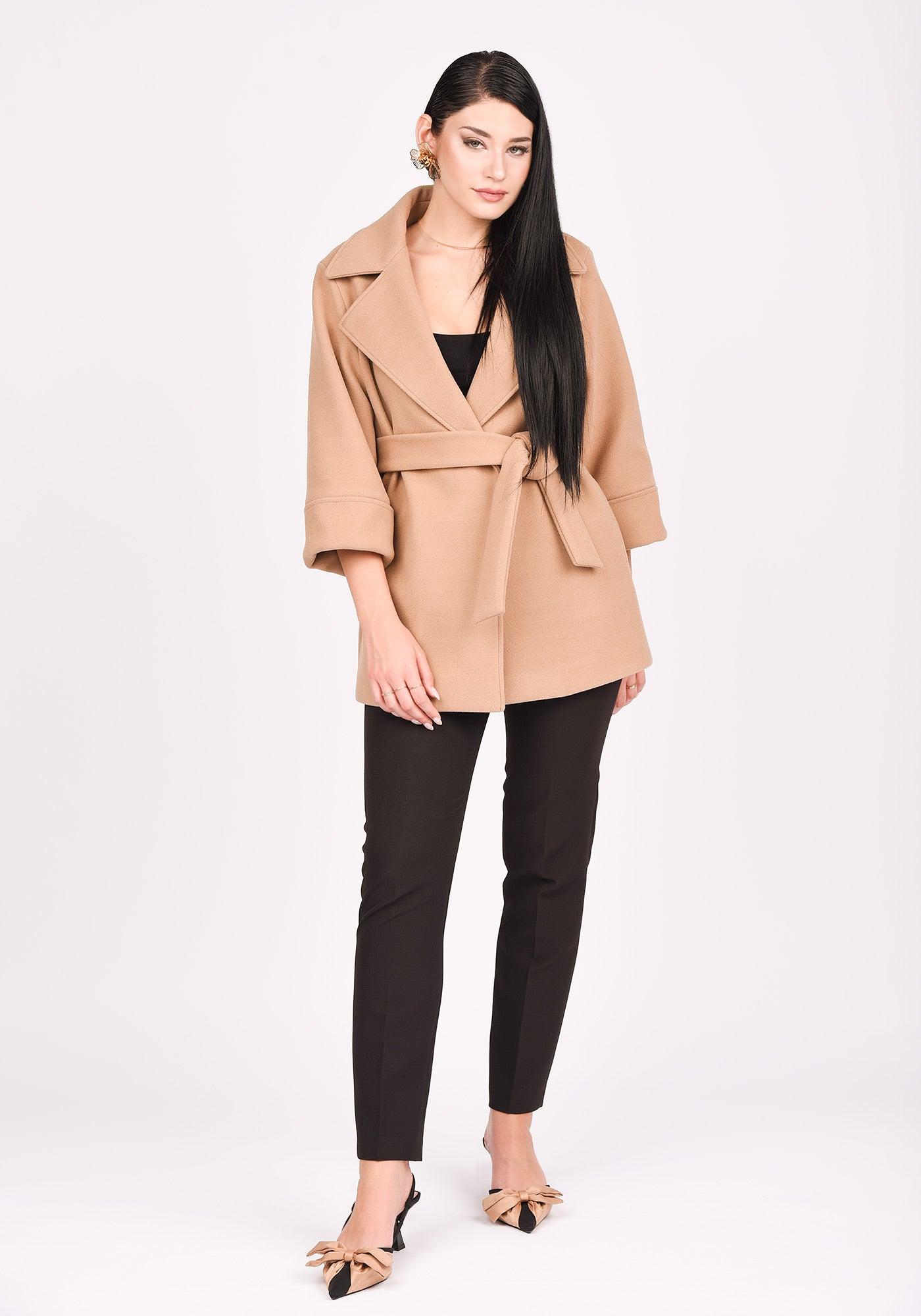 Women's Wool Blend Short Belted Coat in Mocha
