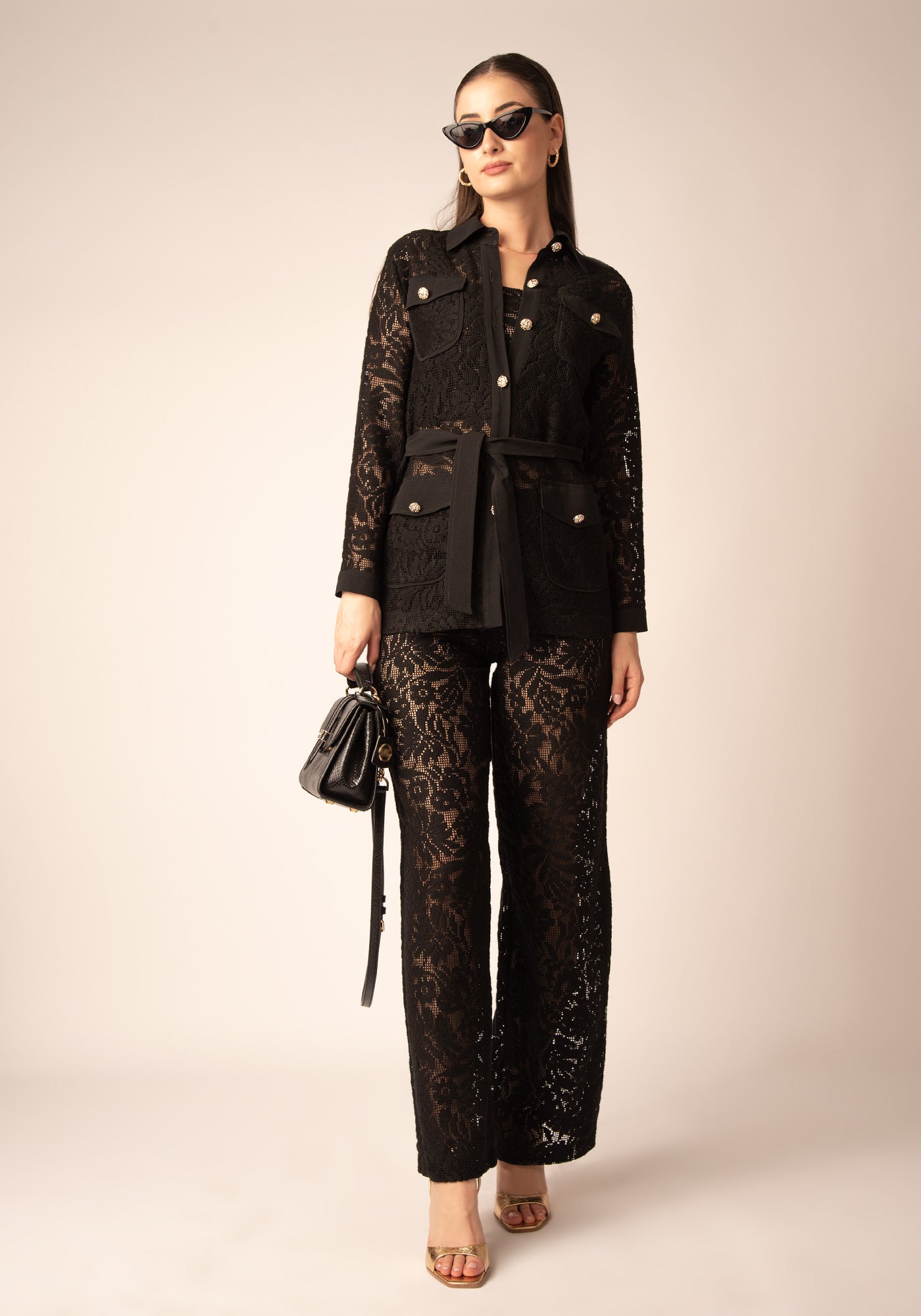 Women's Belted Lace Jacket in Black