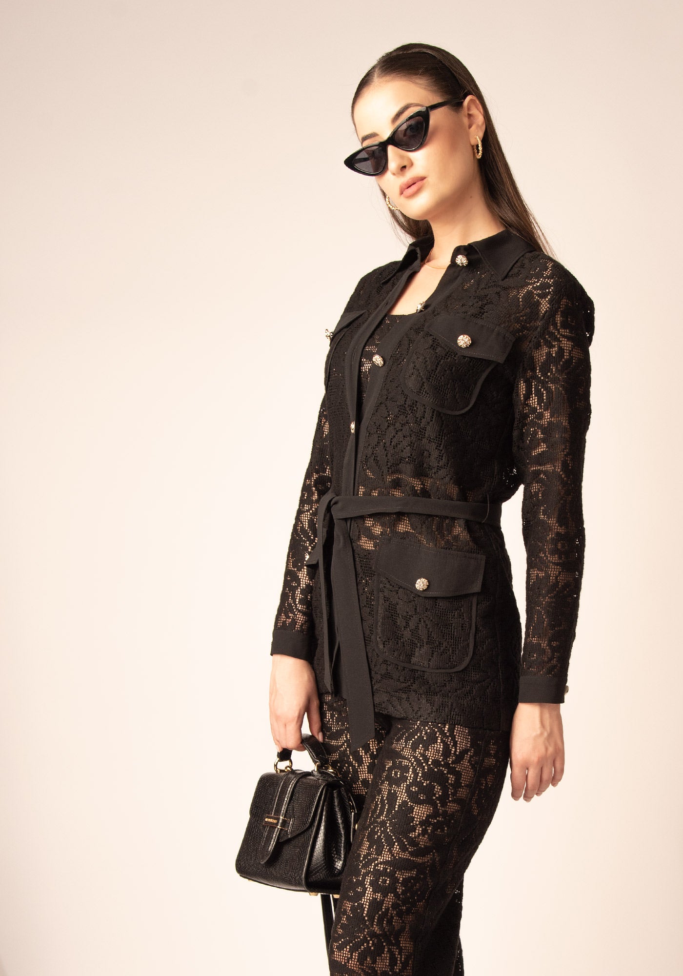 Women's Belted Lace Jacket in Black