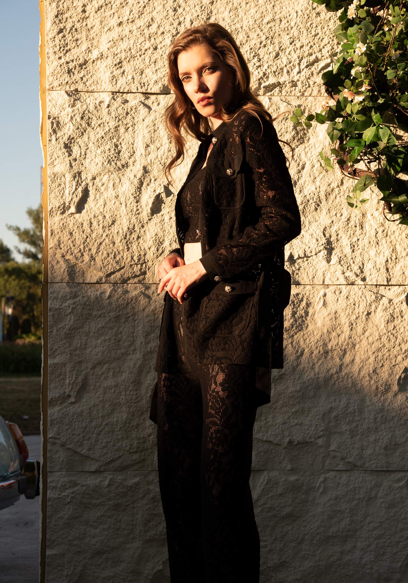 Women's Belted Lace Jacket in Black