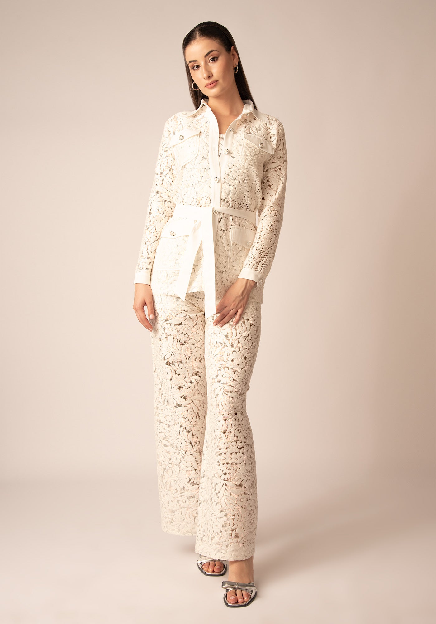 Women's Belted Lace Jacket in Ecru