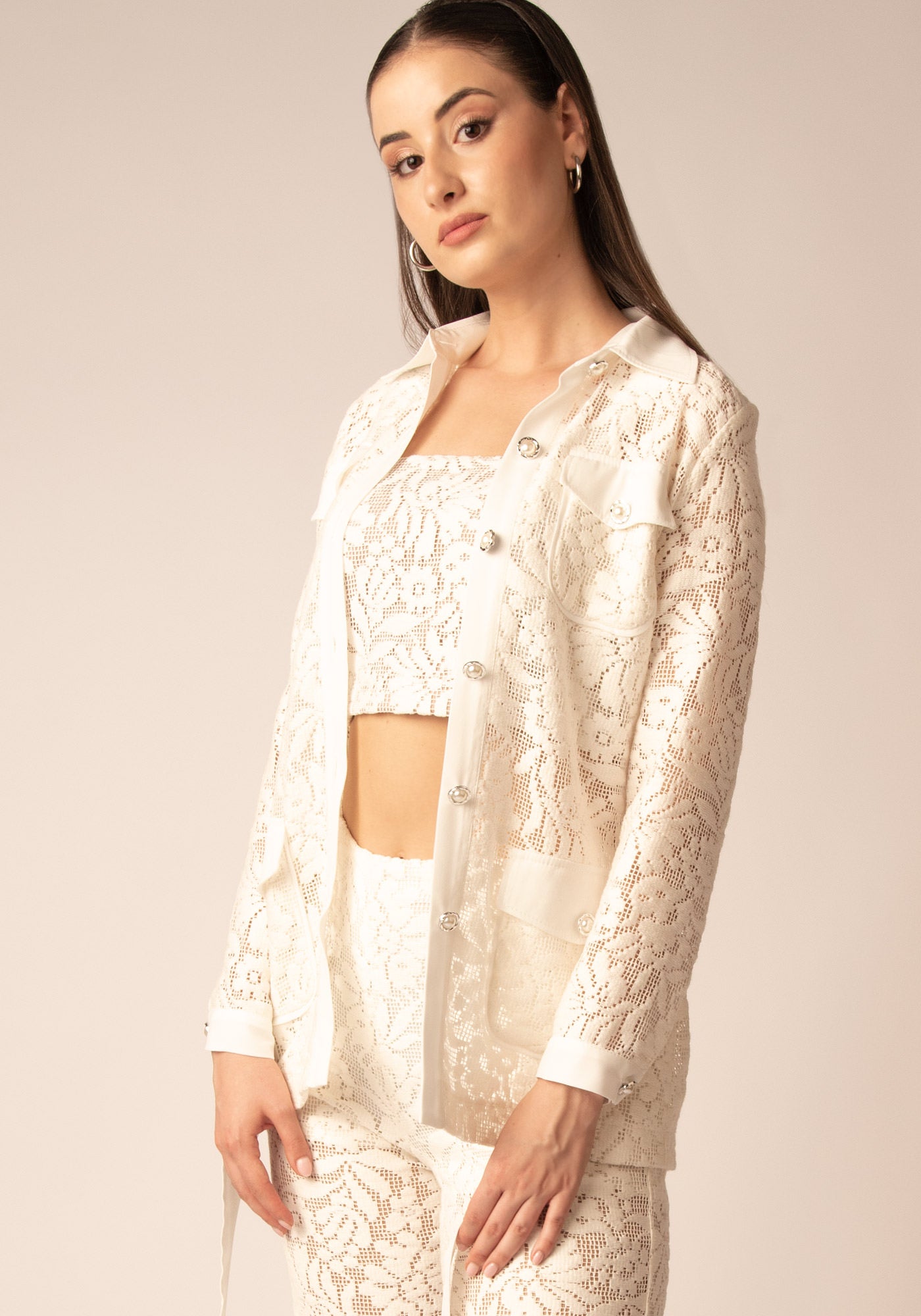 Women's Belted Lace Jacket in Ecru