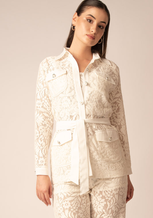 Women's Belted Lace Jacket in Ecru