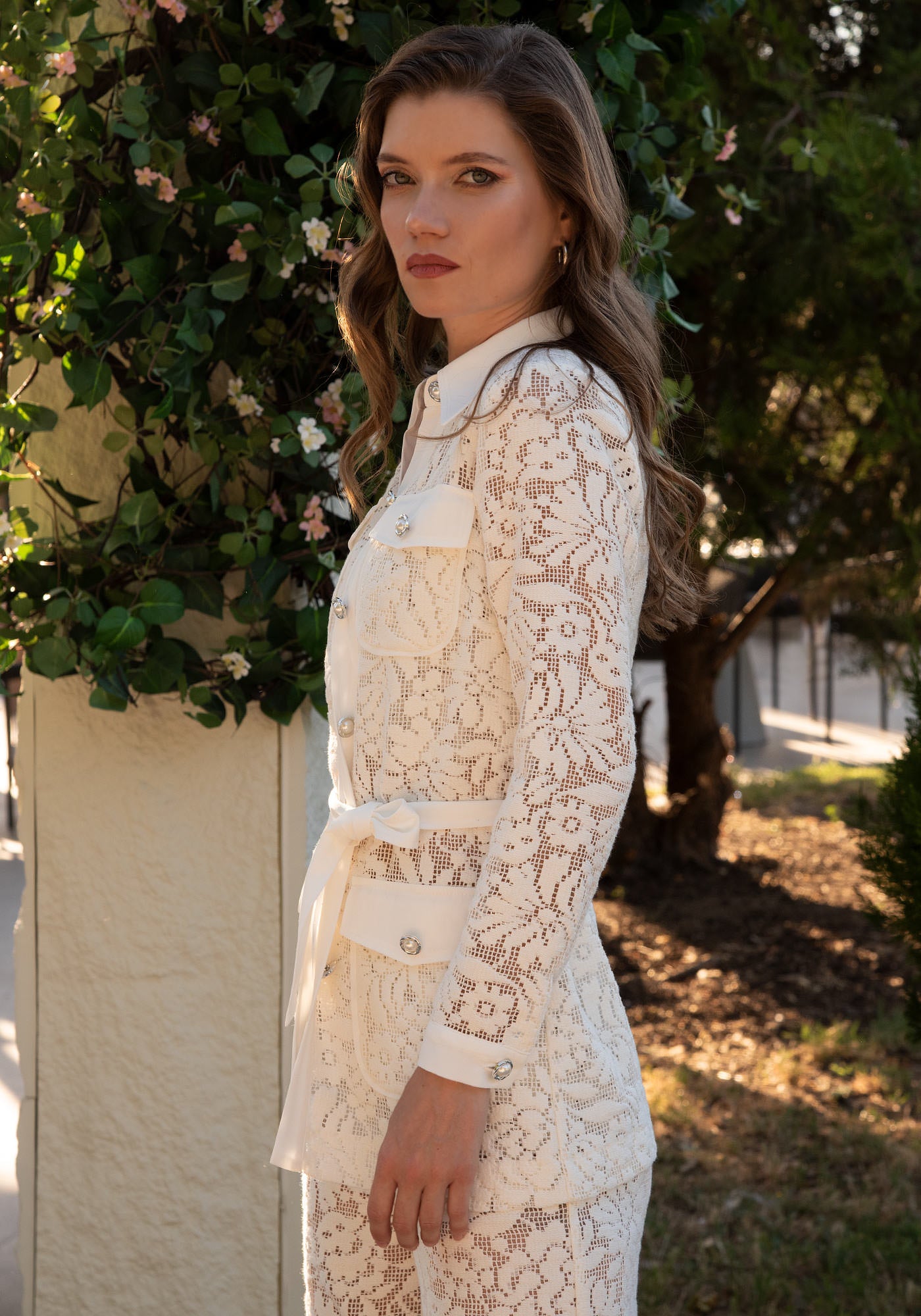 Women's Belted Lace Jacket in Ecru