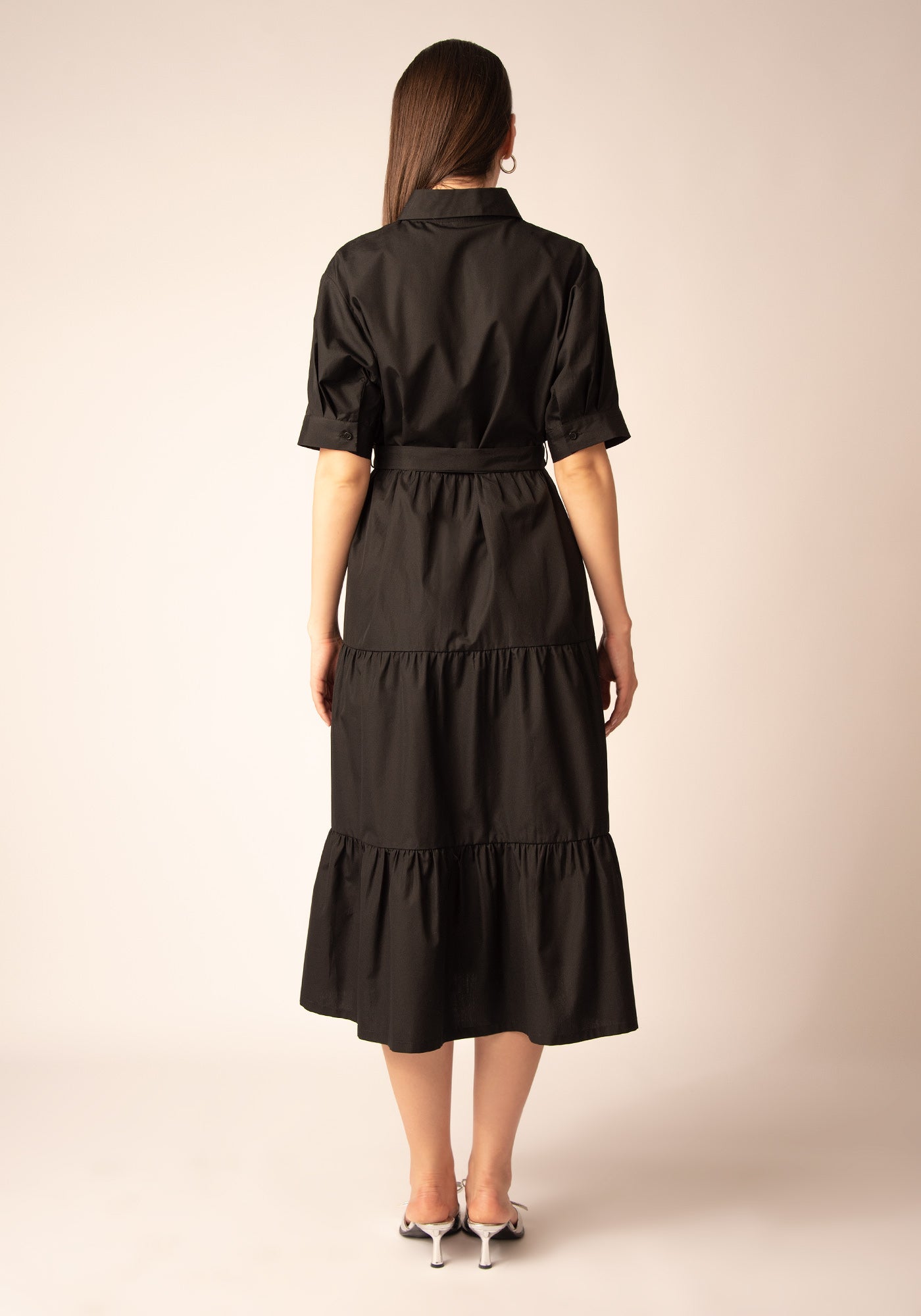 Разкроена Памучна Midi Рокля с Копчета - Черен